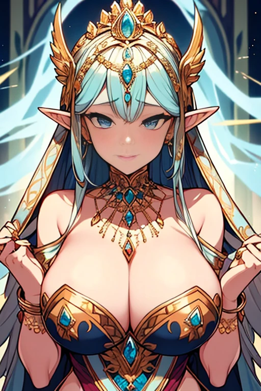 Huge-breasted elf queen, adorned with luxurious accessories, enchants the viewers with her regal presence. Her elaborate dress completely conceals her ample nipples and breasts, yet fails to hide their impressive size. Her golden and silver thread embroidered gown shimmers in the ethereal light, adorned with intricate patterns in vivid colored threads. Her pierced ears glisten with radiant earrings, her delicate neck graced with an elegant necklace, her fingers bedecked with rings and bangles - a spectacle of pure opulence.