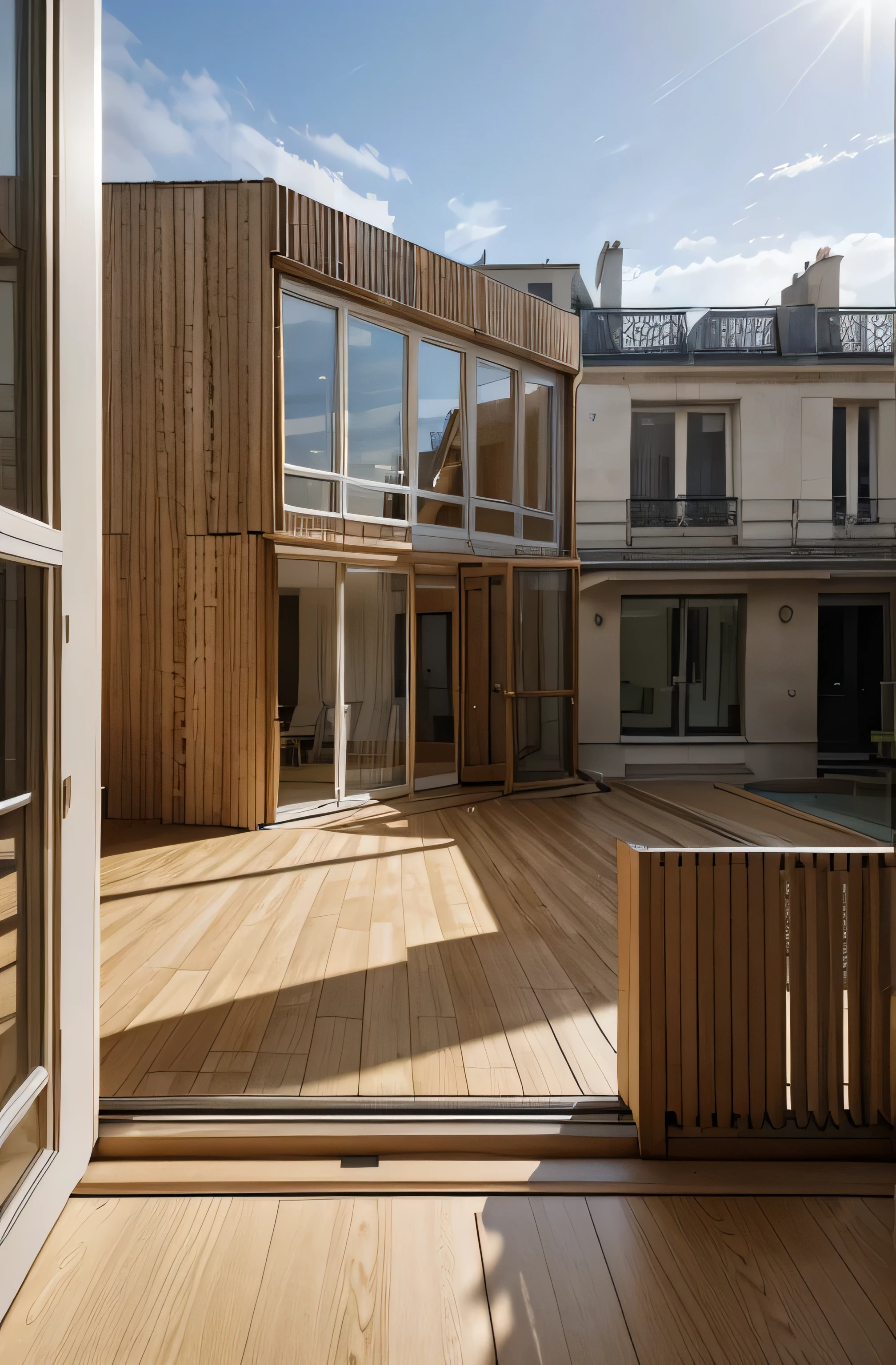 photo realistic. Architecture moderne en Bois. en haut d'un immeuble. Large bay window. sunlight. Exterior photo. Raising an existing building. un serait. Paris. StyleTadao Ando