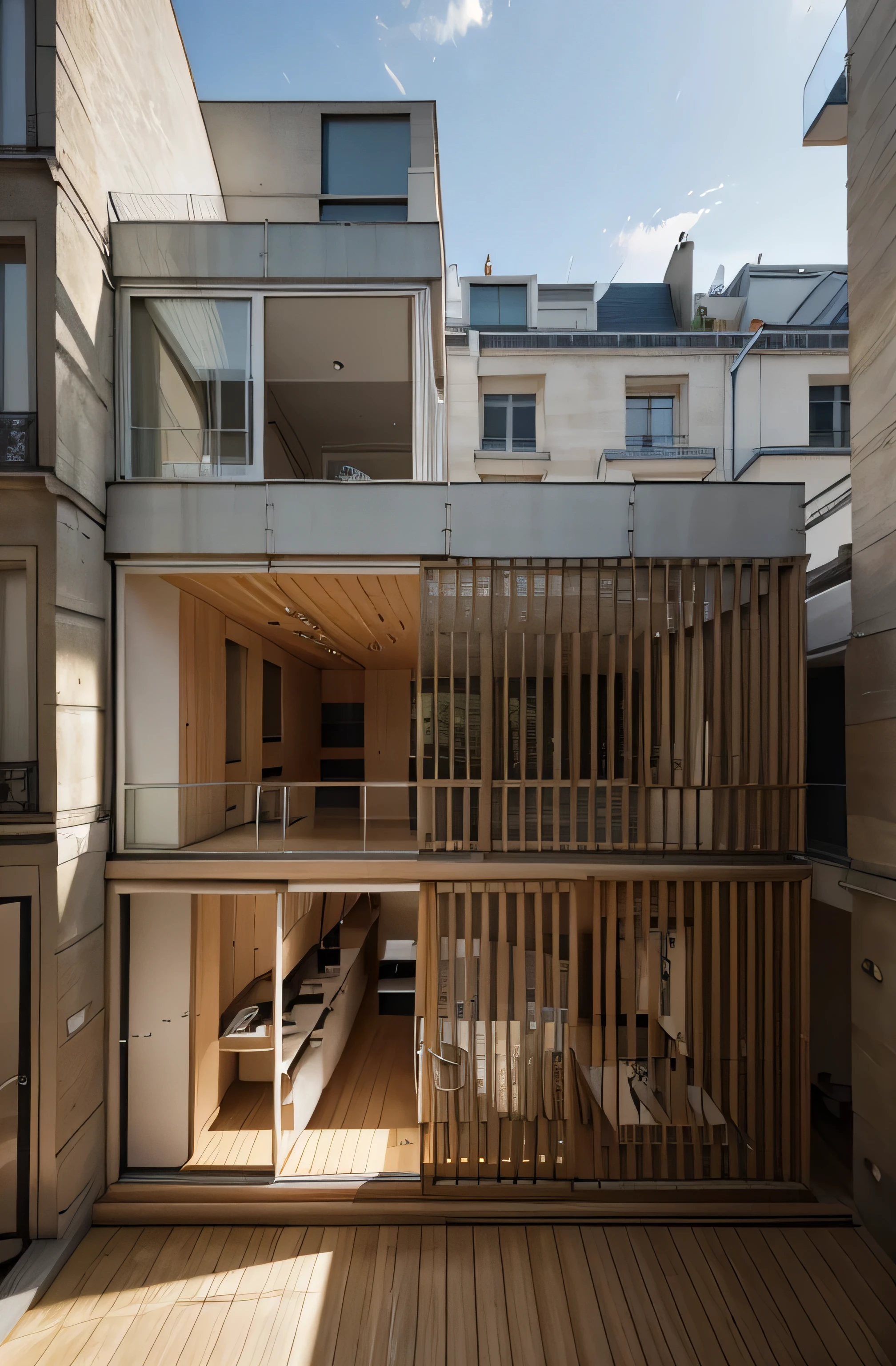 photo realistic. Architecture moderne en Bois. en haut d'un immeuble. Large bay window. sunlight. Exterior photo. Raising an existing building. un serait. Paris. StyleTadao Ando