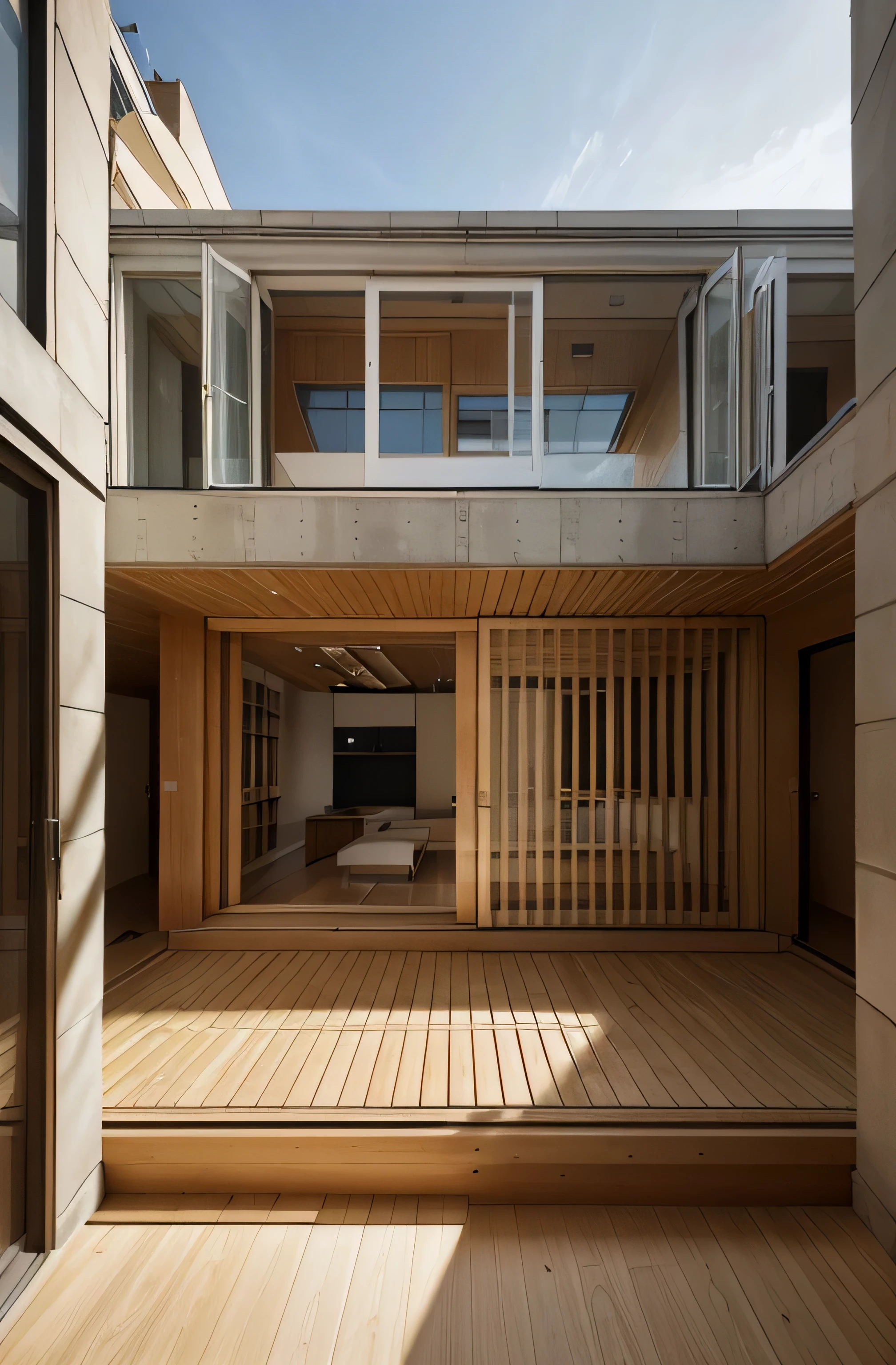 photo realistic. Architecture moderne en Bois. en haut d'un immeuble. Large bay window. sunlight. Exterior photo. Raising an existing building. un serait. Paris. StyleTadao Ando