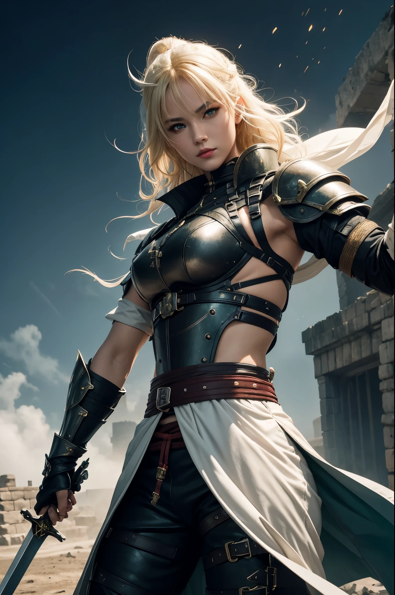 8K,Sexy medieval demon slayer in combat bondage outfit and white coat,Super beautiful(like the real thing),green eyes,Big eyes,green mohawk hair,black combat bondage pants,carry a long, large sword on one's back,fearless smile,detailed hazel eyes, sharp face, clear eyes, red lips, long bangs, short curly hair, blonde, 山の中の大きなIn front of the ruins, Upper body, sexy battle suit, military harness,luxurious black shoulder armor,luxurious black chest armor,masterpiece,Photorealistic RAW photos of the highest quality。bright colors,rich colors, Backlight, cinematic lighting, film grain, to be born, 50mm lens, Nikon D850,detailed character art,fantasy art,ultra high resolution,super realistic skin,perfect hand shape,In front of the ruins,dynamic pose,Close-up,fighting pose,action scene,Martial Arts Posture,luxury white coat,