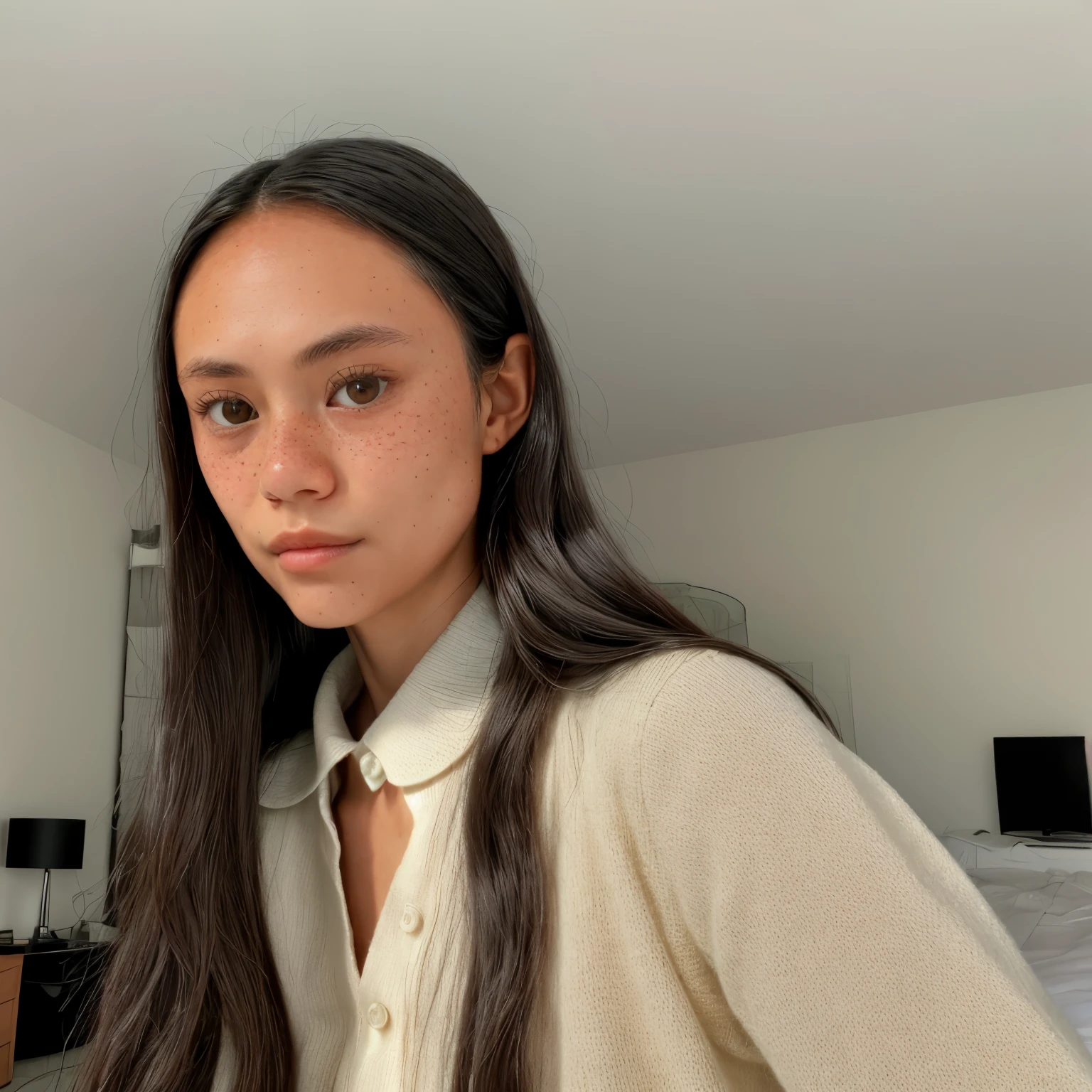 1girl, brown eyes:, dark skin, nose, freckles, black hair, closed mouth, looking at viewer, long hair, collared shirt, background: bedroom , (((upper body))), wearing Gucci shirt