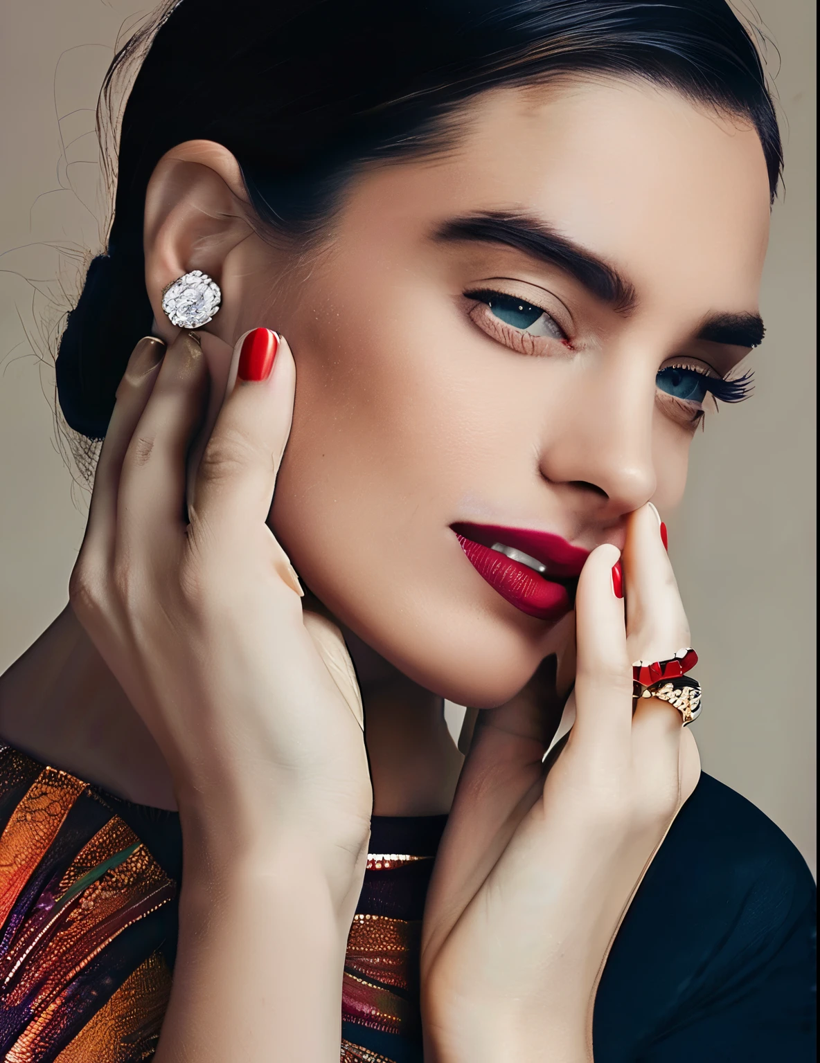 plucked woman with red nails and red lipstick holding hands with rings, pedras preciosas for eyes, red joia, photo of a hand jewelry model, jewelry, wearing joia, joia photography, usando joias elegantes, usando joias, joia, jewelry, pedras preciosas, silver joia, adorned with pedras preciosas, pedras preciosas, topaz and other jewelry, pedras preciosas and treasures