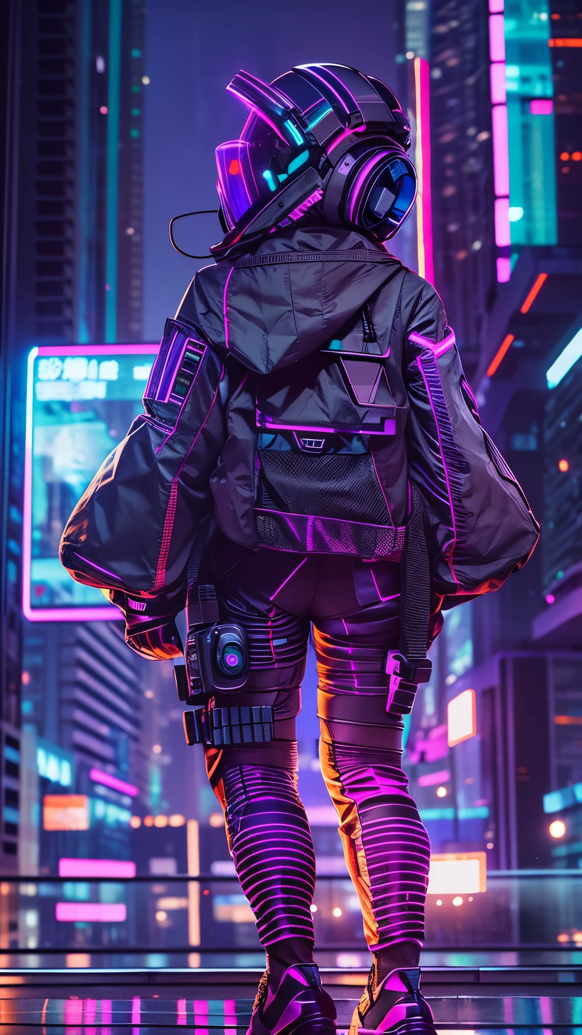 (good structure),high dynamic range,ultra high definition,8k,1 girl,building,cyberpunk protective clothing,City,cyberpunk gas mask,cyberpunk protective helmet,A luminescent helmet,neon lights,neon color,City lights,Cityscape,Glowing clothing,night,Many luminescent lines throughout the body,above knee,back camera,Upper body,Turn your back to the camera,cyberpunk,luminescent,Mecha,neon lights,actual,Science fiction,skyscraper,alone