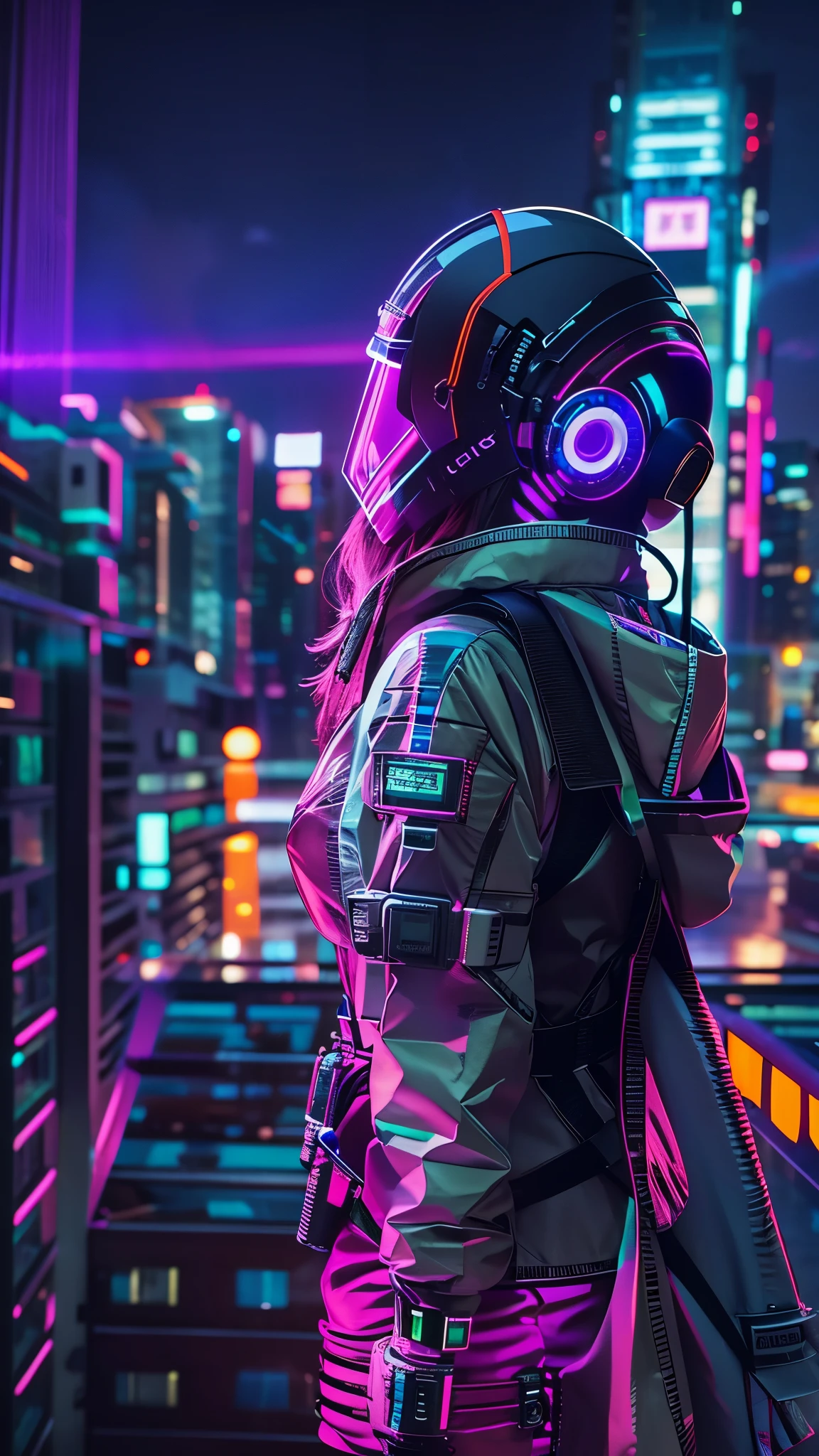 (good structure),high dynamic range,ultra high definition,8k,1 girl,building,cyberpunk protective clothing,City,cyberpunk gas mask,cyberpunk protective helmet,A luminescent helmet,neon lights,neon color,City lights,Cityscape,Glowing clothing,night,Many luminescent lines throughout the body,above knee,back camera,Upper body,Turn your back to the camera,cyberpunk,luminescent,Mecha,neon lights,actual,Science fiction,skyscraper,alone