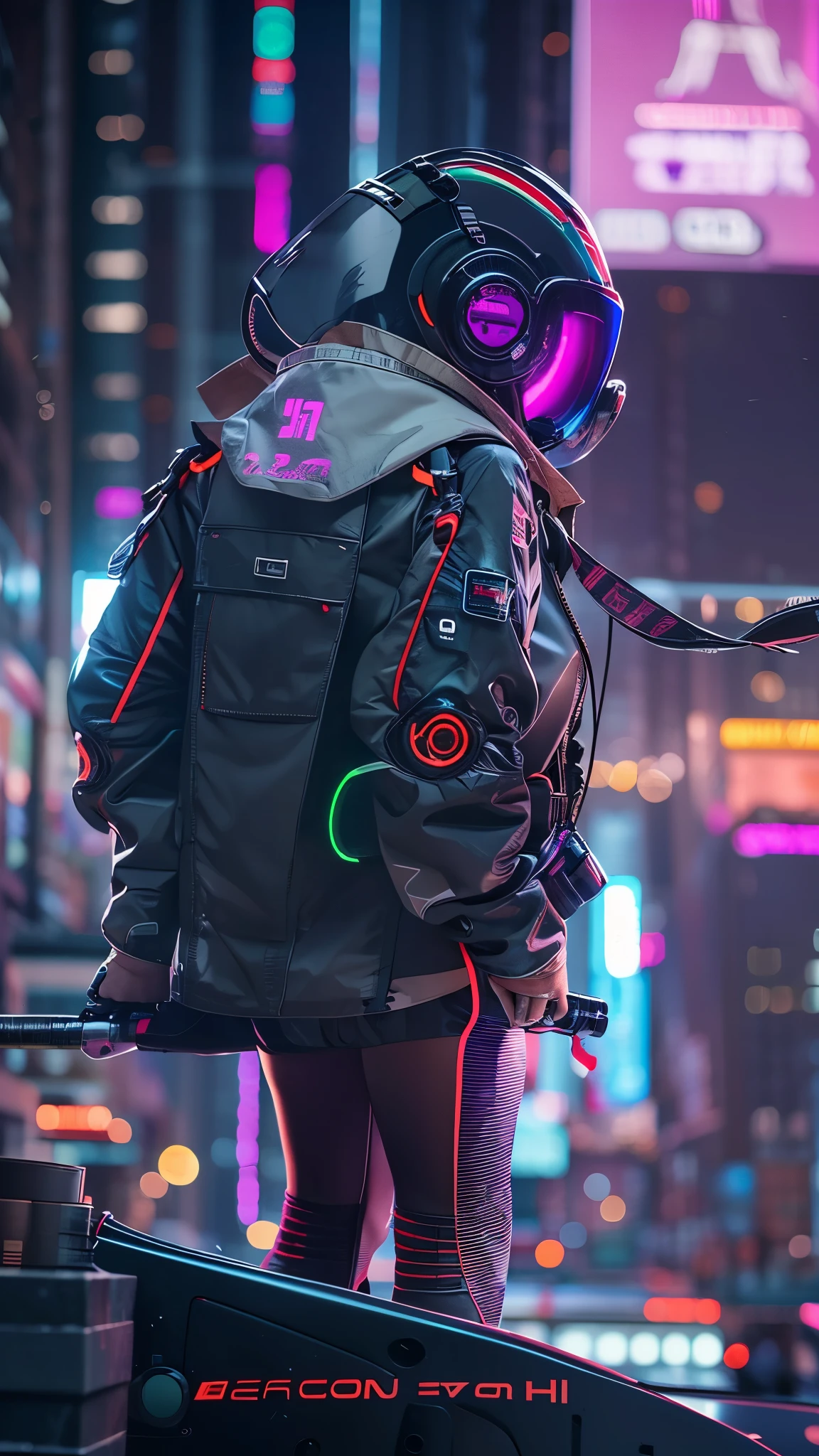 (good structure),high dynamic range,ultra high definition,8k,1 girl,building,cyberpunk protective clothing,City,cyberpunk gas mask,cyberpunk protective helmet,A luminescent helmet,neon lights,neon color,City lights,Cityscape,Glowing clothing,night,Many luminescent lines throughout the body,above knee,back camera,Upper body,Turn your back to the camera,cyberpunk,luminescent,Mecha,neon lights,actual,Science fiction,skyscraper,alone