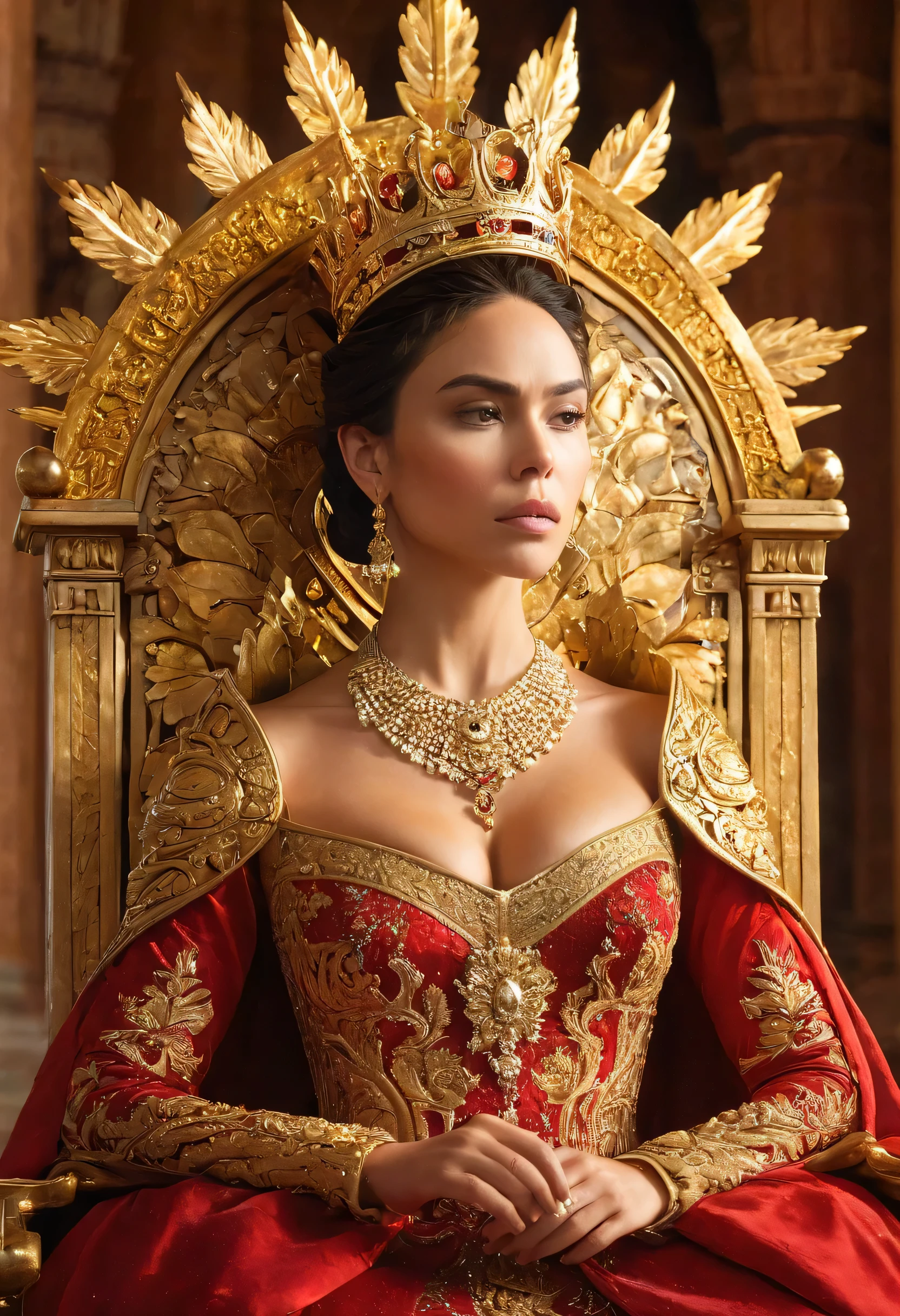 A woman in a red dress and gold crown sitting on a throne - SeaArt AI