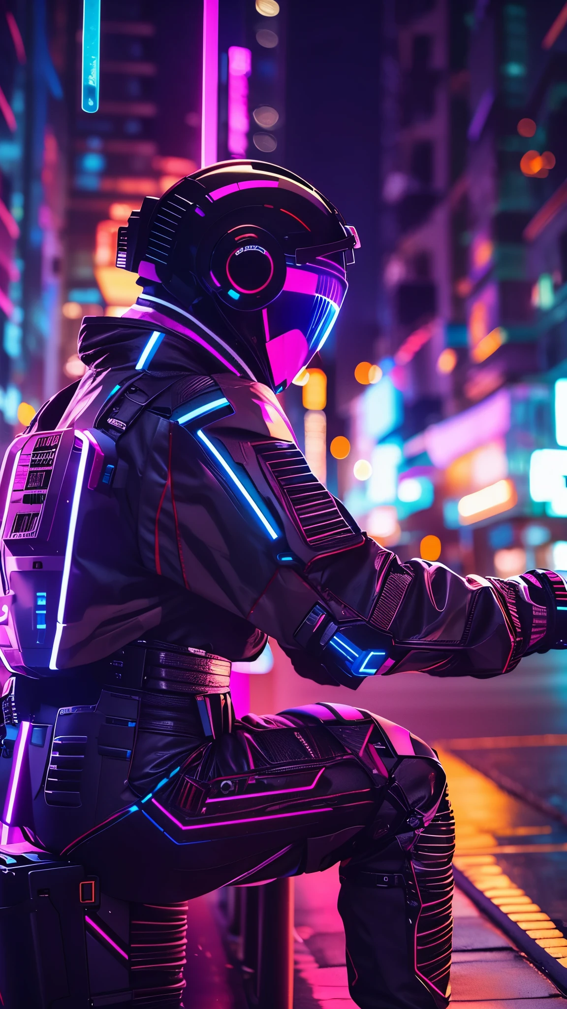 (good structure),high dynamic range,ultra high definition,8k,1 girl,building,cyberpunk protective clothing,City,cyberpunk gas mask,cyberpunk protective helmet,A luminescent helmet,neon lights,neon color,City lights,Cityscape,Glowing clothing,night,Many luminescent lines throughout the body,above knee,back camera,Upper body,Turn your back to the camera,cyberpunk,luminescent,Mecha,neon lights,actual,Science fiction,skyscraper,alone