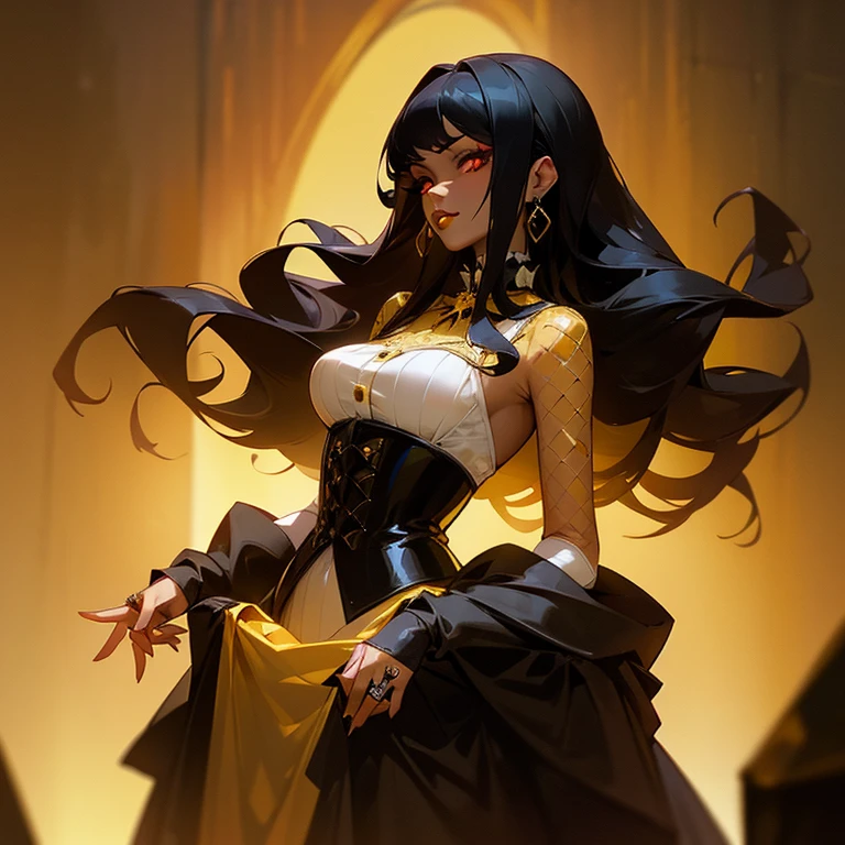a woman in Gold corset and goth hair, with piercings, 1girl, solo, long hair, ring, black hair, Gothic Lolita, (((yellow lips))), red eyes, red rose, dark skin,