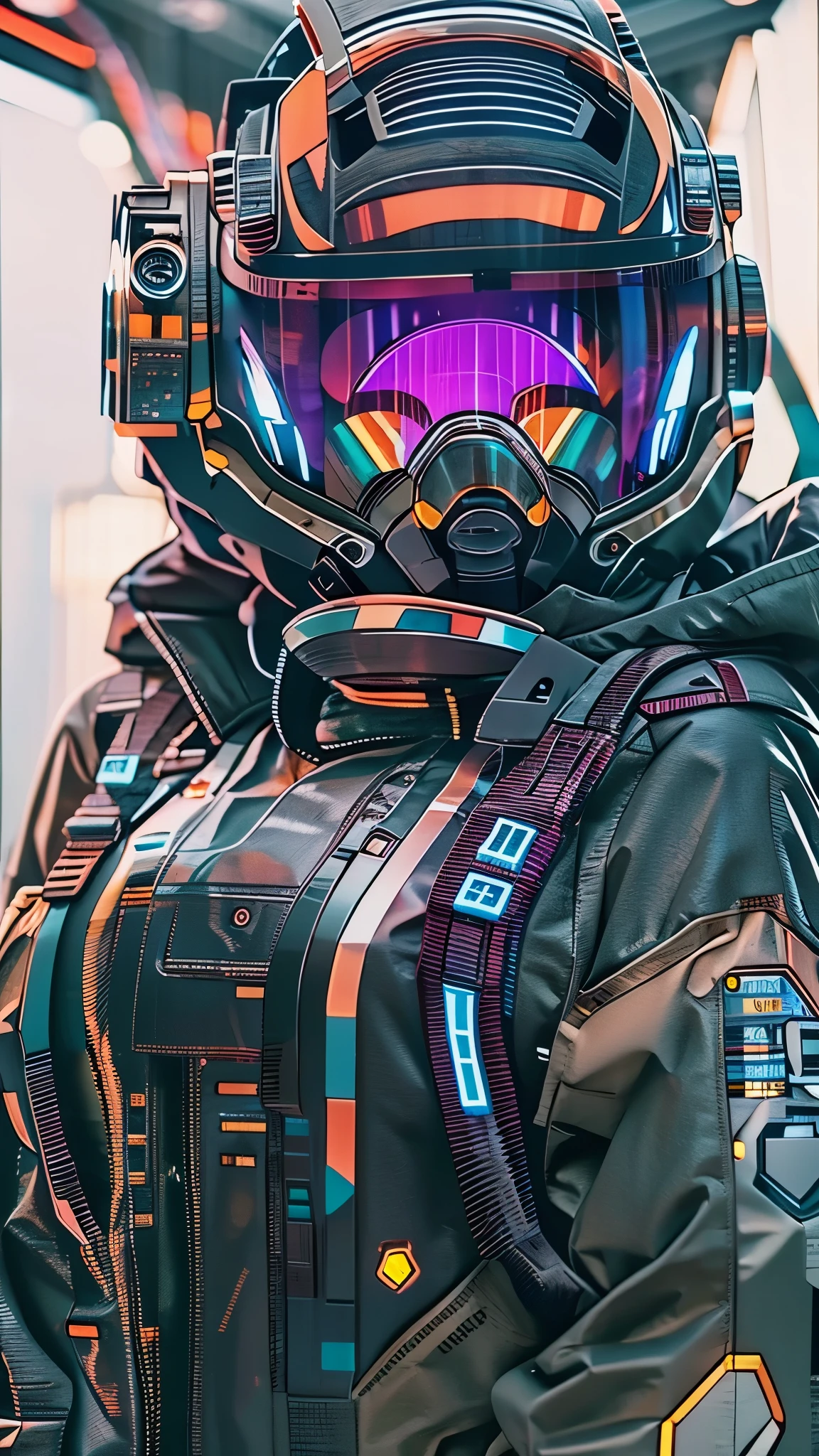 (good structure),high dynamic range,ultra high definition,8k,1 girl,cyberpunk protective clothing,cyberpunk gas mask,cyberpunk protective helmet,A glowing helmet,neon lights,neon color,ground vehicle,helmet,night,Mask screen reflections,Oblique side close-up,mechanical,Upper body,cyberpunk,Mecha,pilot suit,actual,Retro art style,Science fiction