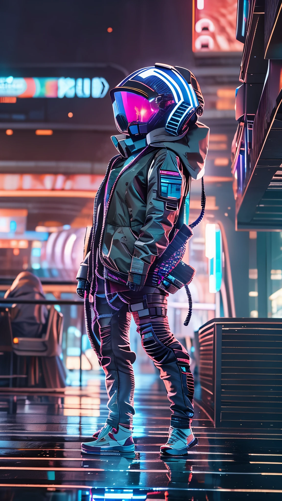 (good structure),high dynamic range,ultra high definition,8k,1 girl,cyberpunk protective clothing,cyberpunk gas mask,cyberpunk protective helmet,A glowing helmet,neon lights,neon color,ground vehicle,helmet,night,Mask screen reflections,Oblique side close-up,mechanical,Upper body,cyberpunk,Mecha,pilot suit,actual,Retro art style,Science fiction