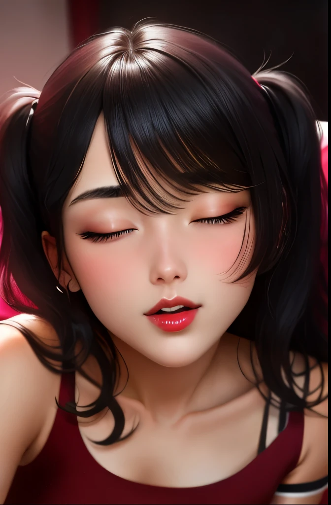 Close up shot, cute , black hair in two medium ponytails, sexy eyes, intense eye contact, small nose, red lips, orgasmic face, neck, collarbone, loose dark pink t shirt, bare shoulder, lying in bed, bed, bedroom, dark room, one lamp,, in bed