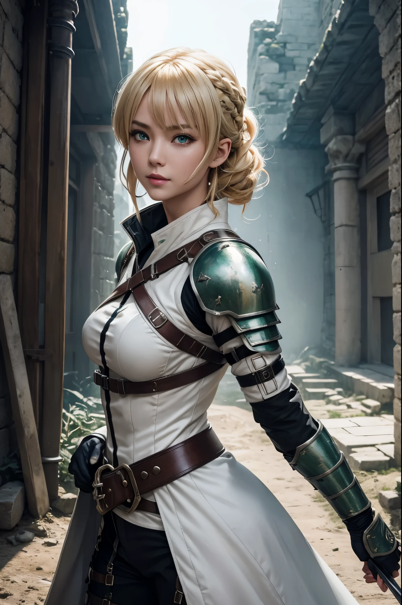 8K,Sexy medieval demon slayer wearing a white coat over a combat bondage outfit,Super beautiful(like the real thing),green eyes,Big eyes,green mohawk hair,black combat bondage pants,carry a long, large sword on one's back,fearless smile,detailed hazel eyes, sharp face, clear eyes, red lips, long bangs, short curly hair, blonde, 山の中の大きなIn front of the ruins, Upper body, sexy battle suit, military harness,luxurious black shoulder armor,luxurious black chest armor,masterpiece,Photorealistic RAW photos of the highest quality。bright colors,rich colors, Backlight, cinematic lighting, film grain, to be born, 50mm lens, Nikon D850,detailed character art,fantasy art,ultra high resolution,super realistic skin,perfect hand shape,In front of the ruins,dynamic pose,Close-up,fighting pose,action scene,Martial Arts Posture,luxury white coat,