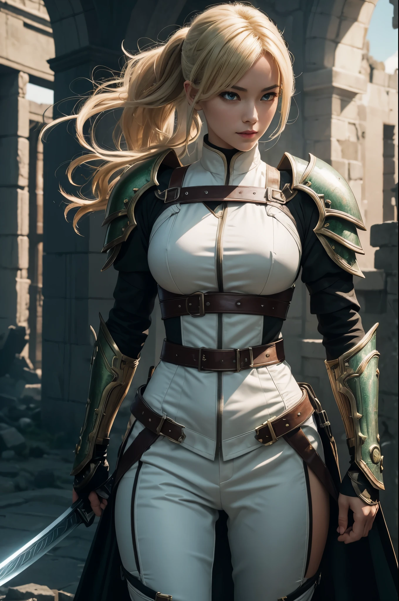 8K,Sexy medieval demon slayer wearing a white coat over a combat bondage outfit,Super beautiful(like the real thing),green eyes,Big eyes,green mohawk hair,black combat bondage pants,carry a long, large sword on one's back,fearless smile,detailed hazel eyes, sharp face, clear eyes, red lips, long bangs, short curly hair, blonde, 山の中の大きなIn front of the ruins, Upper body, sexy battle suit, military harness,luxurious black shoulder armor,luxurious black chest armor,masterpiece,Photorealistic RAW photos of the highest quality。bright colors,rich colors, Backlight, cinematic lighting, film grain, to be born, 50mm lens, Nikon D850,detailed character art,fantasy art,ultra high resolution,super realistic skin,perfect hand shape,In front of the ruins,dynamic pose,Close-up,fighting pose,action scene,Martial Arts Posture,luxury white coat,