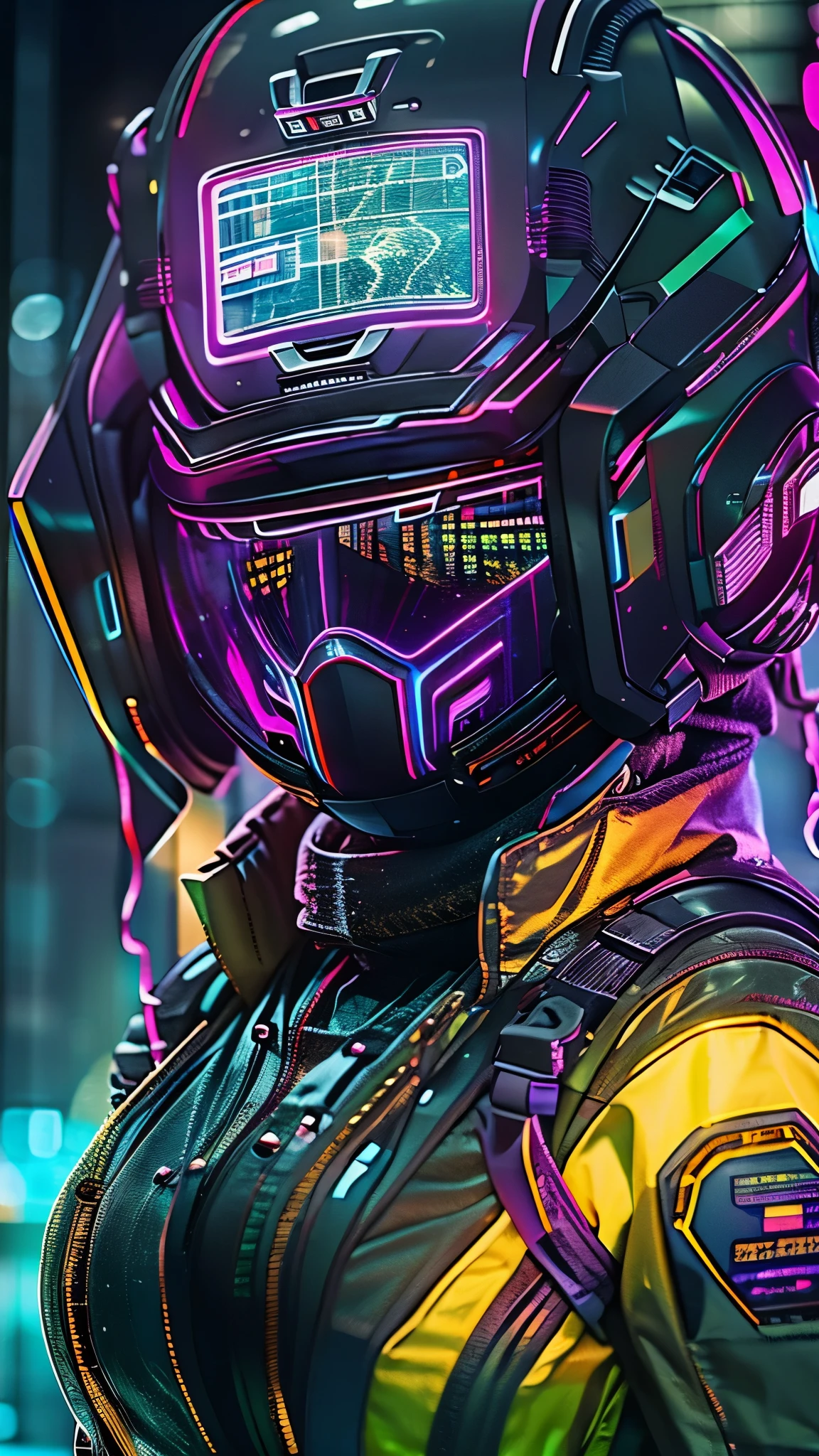 (good structure),high dynamic range,ultra high definition,8k,1 girl,blurred background,cyberpunk protective clothing,cyberpunk protective helmet,Glowing helmet,Neon lamp,neon color,oblique body,night,Mask screen reflections,depth of field,Upper body,cyberpunk,ground vehicle,lamp,neon lamp,pilot suit,alone