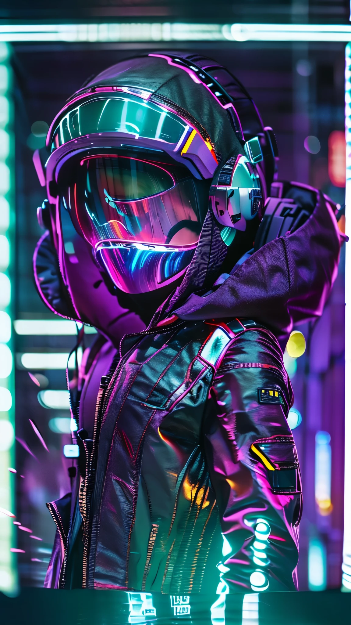 (good structure),high dynamic range,ultra high definition,8k,1 girl,blurred background,cyberpunk protective clothing,cyberpunk protective helmet,Glowing helmet,Neon lamp,neon color,oblique body,night,Mask screen reflections,depth of field,Upper body,cyberpunk,ground vehicle,lamp,neon lamp,pilot suit,alone