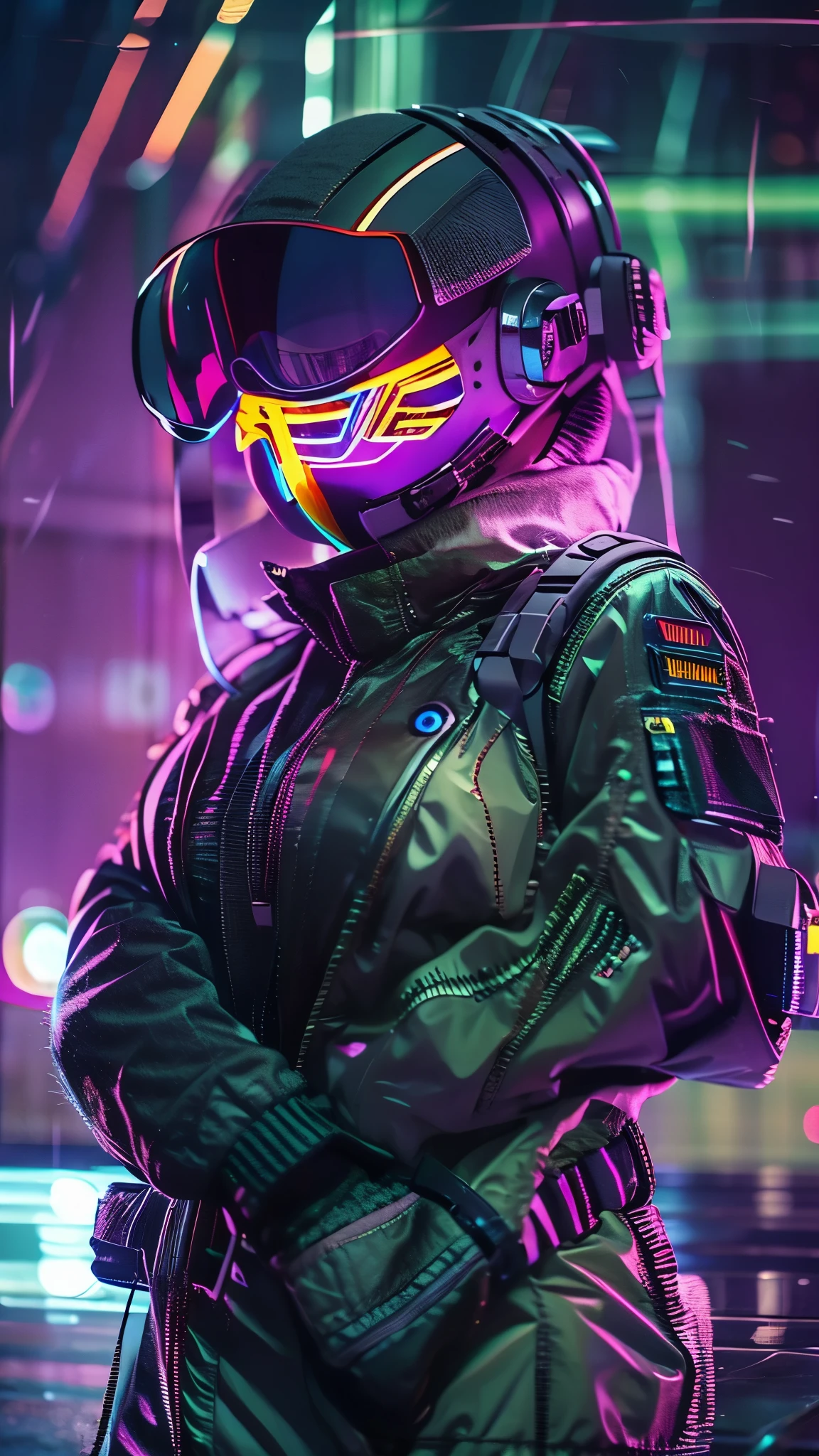 (good structure),high dynamic range,ultra high definition,8k,1 girl,blurred background,cyberpunk protective clothing,cyberpunk protective helmet,Glowing helmet,Neon lamp,neon color,oblique body,night,Mask screen reflections,depth of field,Upper body,cyberpunk,ground vehicle,lamp,neon lamp,pilot suit,alone