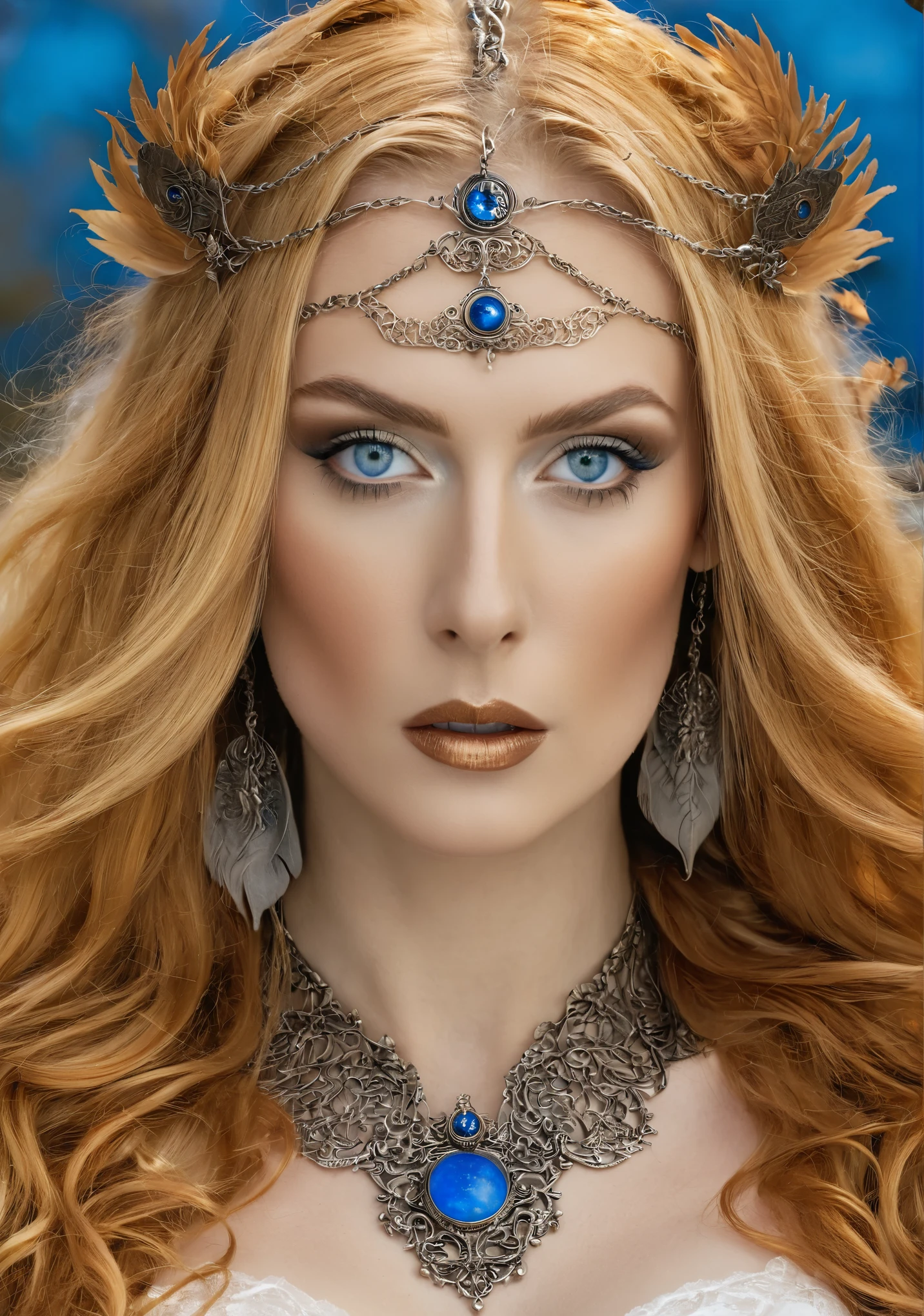 (Divine Freya:1.1) adorned with her exquisite (Brisingamen necklace:1.2) in a fantastical setting. She exudes an aura of power and grace with (flowing golden hair:1.1) and piercing (blue eyes:1.1). The scene captured in a frontal view with a standard lens showcases her regal presence in warm hues, emphasizing her connection to nature and magic.