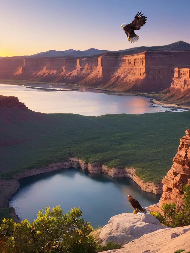 ((Eagle bird:1.5)), ((perfect meticulously detailed hyper-realistic:1.3, flying over the Colorado Grand Canyon:1.5)), ((magical atmosphere:1.3)), ((Imaginative scene)), ((full shot: 1.4)), ((best quality)), ((masterpiece)), 3D, (hyper-detailed: 1.3), ((top view photography: 1.5)), ((scenery, Eagle flying over rocky canyons epic: 1.3) ) , ((sunset background: 1.3))), ((( sunset:1.2)) ), (photorealistic:1.4), ((Profile Camera)),( (Cinematic Lighting:1.2)), 32k.