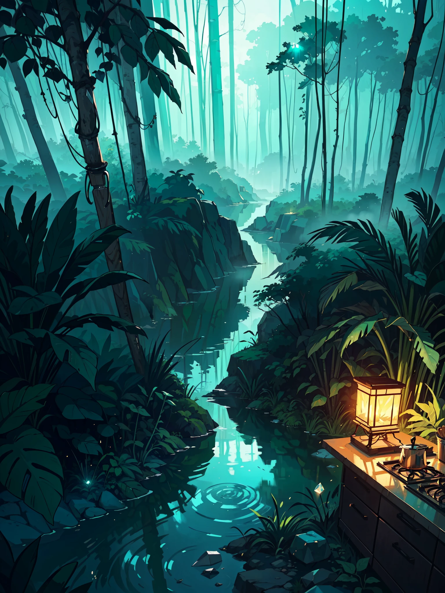 (masterpiece:1), (aerial view:1.7), (interior of a kitchen in jungle:1.6), (lo-fi color palette:1.3), (chopping knife and vegetables:1.4), (dense forest:1.3), silence, (cloudy sky:1.4), (soft dull glow of green and blue tones:1.6), magnificent sky, (Dim volumetric light:1.2), peaceful, (utensils:1.4), (misty fog:1.3), (utensils:1.3), (crystal clear turquoise river water in vicinity:1.4), (beautiful aesthetics:1.2), (trees:1.4), beautiful tones, subtle colors, peaceful, (illustration: 1.0), epic composition, realistic lighting, (no huam:1.6), HD details, masterpiece, best quality, ,