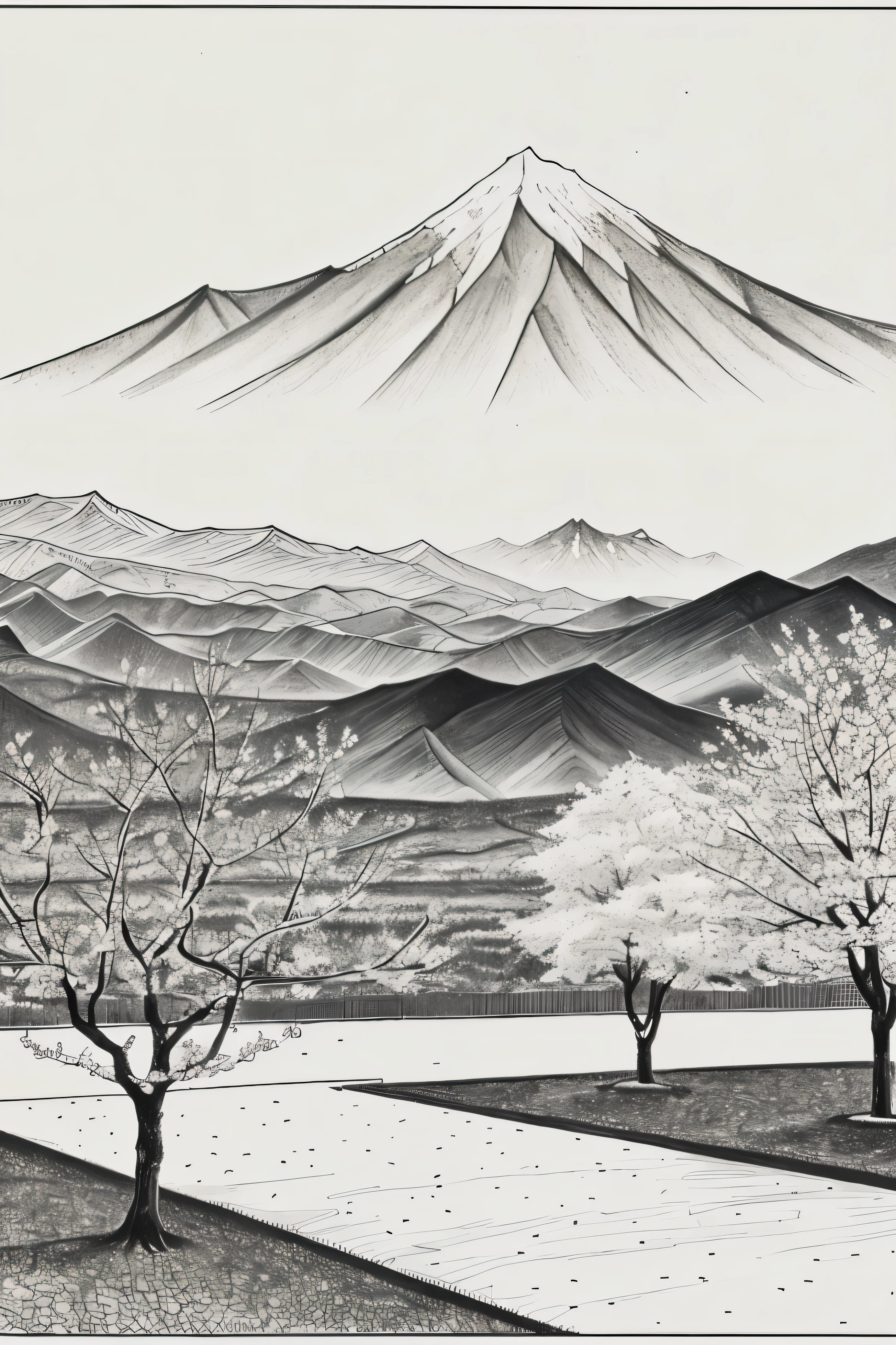 A picture drawn only with ink、Mountains in the back々Continuous、cherry tree in the foreground、black and white、There is a shadow、view from a distance、View from the pull