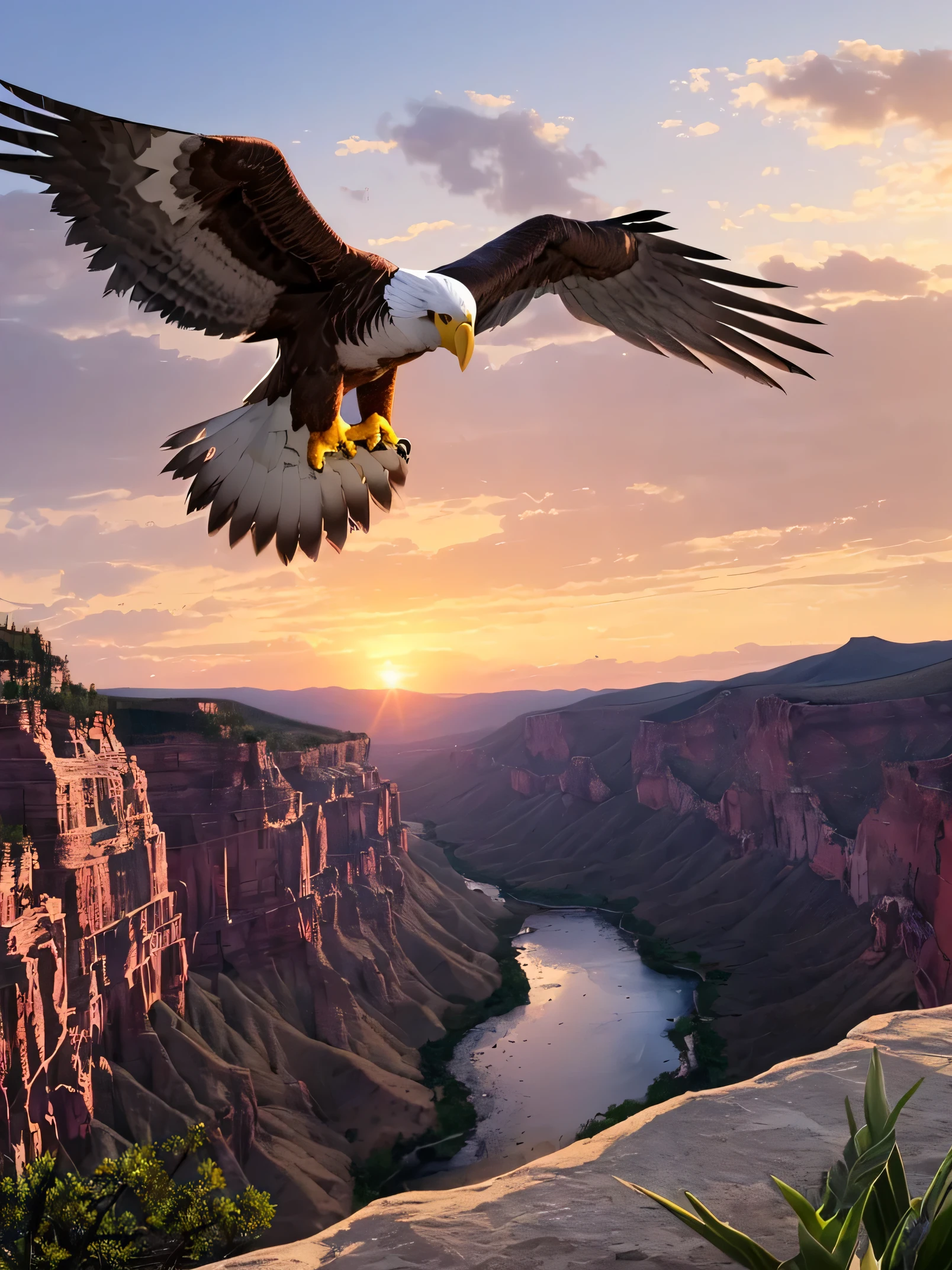 ((eagle bird:1.5)), ((perfecto meticulosamente detallado hiperrealista:1.3, flying over the Grand Canyon in Colorado:1.5)), ((magical atmosphere:1.3)), ((Escena imaginativa)), ((tiro completo: 1.4)), ((Mejor calidad)), ((Obra maestra)), 3D, (hiperdetallado: 1.3), ((Top view photography: 1.5)), ((escenario, Eagle flying over epic rocky canyons: 1.3) ) , ((atardecer background: 1.3))), ((( atardecer:1.2)) ), (fotorrealista:1.4), ((profile camera)),( (cinematic lighting:1.2)), 32k.