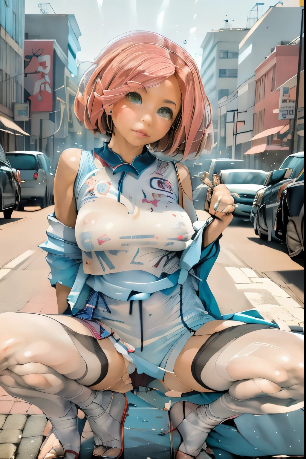 (masterpiece, best quality), 1girl, Turquoise blue Mohawk with Shaved Sides, Size E breasts,