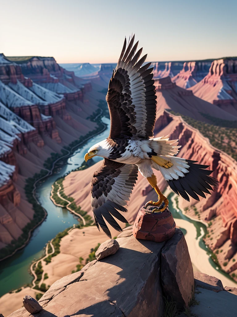 ((Eagle bird:1.5)), ((perfect meticulously detailed hyper-realistic:1.3, flying over the Colorado Grand Canyon:1.5)), ((magical atmosphere:1.3)), ((Imaginative scene)), ((full shot: 1.4)), ((best quality)), ((masterpiece)), 3D, (hyper-detailed: 1.3), ((top view photography: 1.5)), ((scenery, Eagle flying over rocky canyons epic: 1.3) ) , ((sunset background: 1.3))), ((( sunset:1.2)) ), (photorealistic:1.4), ((Profile Camera)),( (Cinematic Lighting:1.2)), 32k.