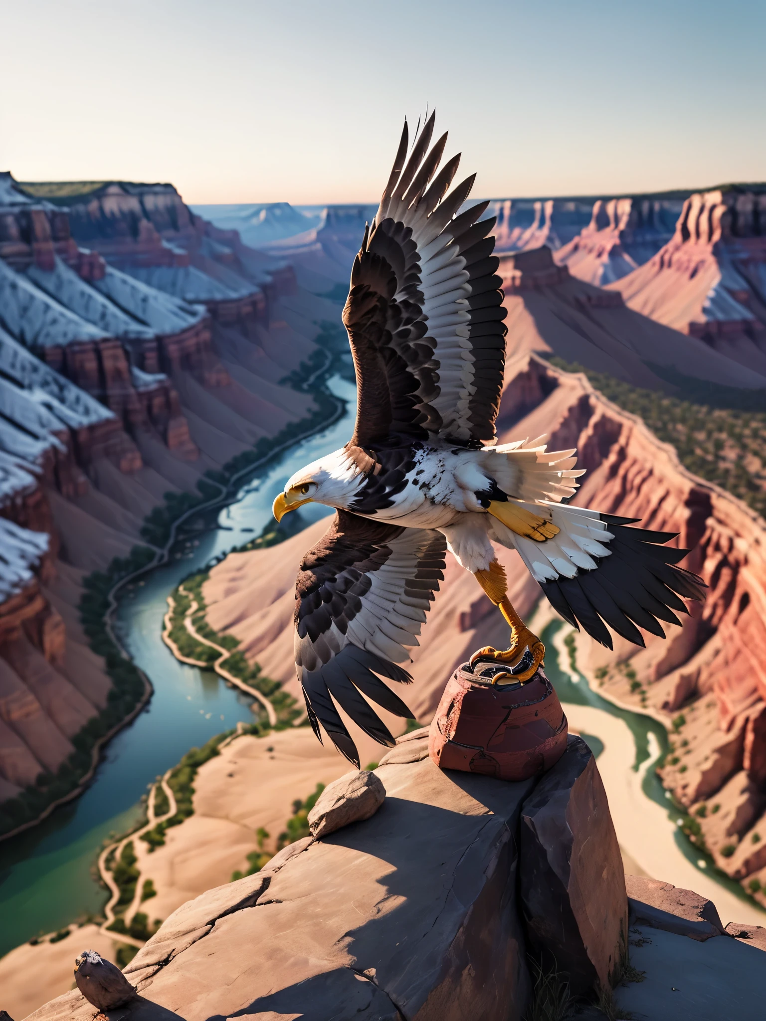 ((Eagle bird:1.5)), ((perfect meticulously detailed hyper-realistic:1.3, flying over the Colorado Grand Canyon:1.5)), ((magical atmosphere:1.3)), ((Imaginative scene)), ((full shot: 1.4)), ((best quality)), ((masterpiece)), 3D, (hyper-detailed: 1.3), ((top view photography: 1.5)), ((scenery, Eagle flying over rocky canyons epic: 1.3) ) , ((sunset background: 1.3))), ((( sunset:1.2)) ), (photorealistic:1.4), ((Profile Camera)),( (Cinematic Lighting:1.2)), 32k.