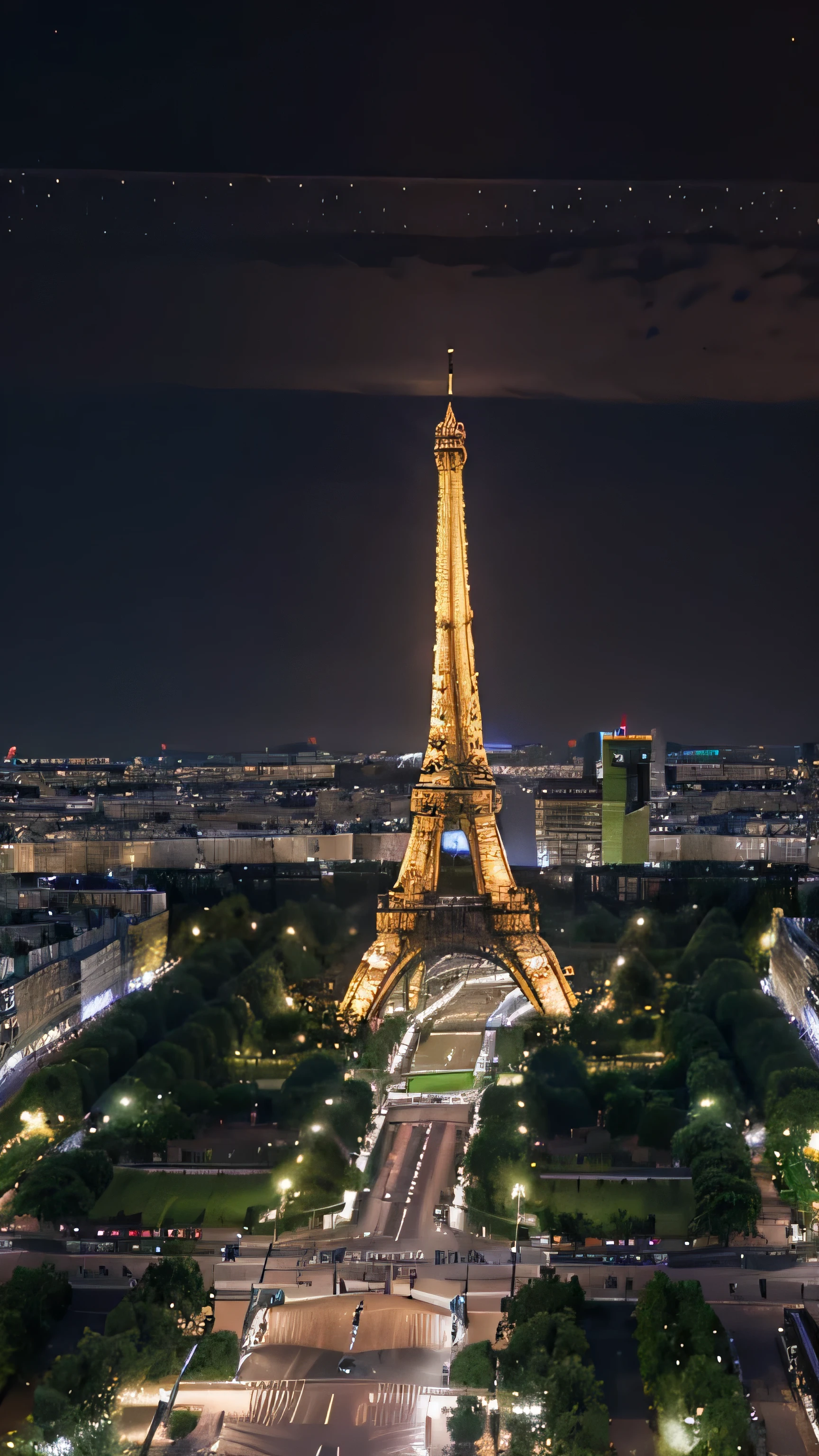 aerial view (view of Drône) of Paris by night: Eiffel Tower, Avenue des Champs-Élysées (realistic and bright colors, ultra-detailed, 16K, photography, great sharpness, sharp photography, photo detail, bokeh, detailed pixel). view from the sky.