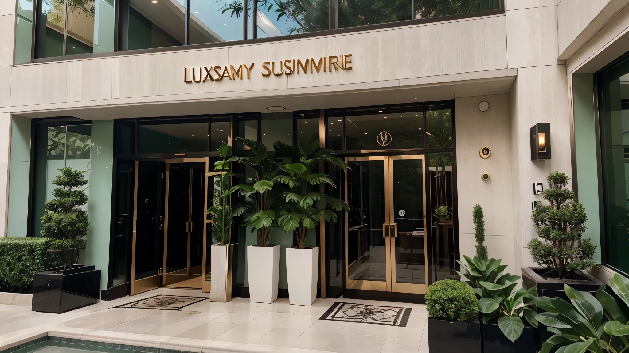 make the facade of a luxury corporate building, em estilo moderno com fachadas de vidros, bem realista, indoor decorations, with landscaping decorations and vegetation in the external area, sem pessoas, sem letras, sem animais