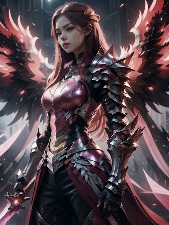 (masterpiece, best quality:1.2), Character design, ((1 girl, solo)), warrior of xian, slim body, medium chest, skinny waist, ((long deep red hair)). blue eyes. (((pink fantasy armor a female knight in a pink full armor))), (((big pauldrons, intricate details))), (((large armor wings))), (((advanced weapon fantasy plasma sword in right hand))), (standing), (((side body view))), plain gray background, masterpiece, HD high quality, 8K ultra high definition, ultra definition,