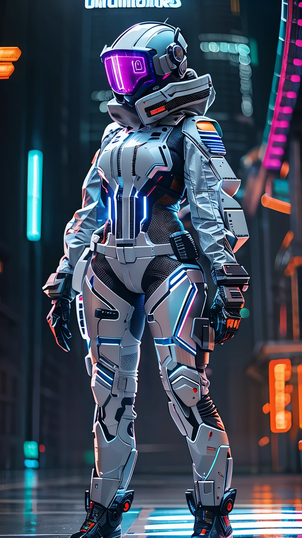 (good structure),high dynamic range,ultra high definition,8k,1 girl,luminescent,cyberpunk protective clothing,cyberpunk gas mask,cyberpunk protective helmet,A luminescent helmet,helmet,neon lights,Silver gray helmet,Mask screen similar to VR glasses,night,Complex structure helmet,oblique body,A luminescent mask screen,neon color,Upper body,cyberpunk,pilot suit,actual,Science fiction,alone