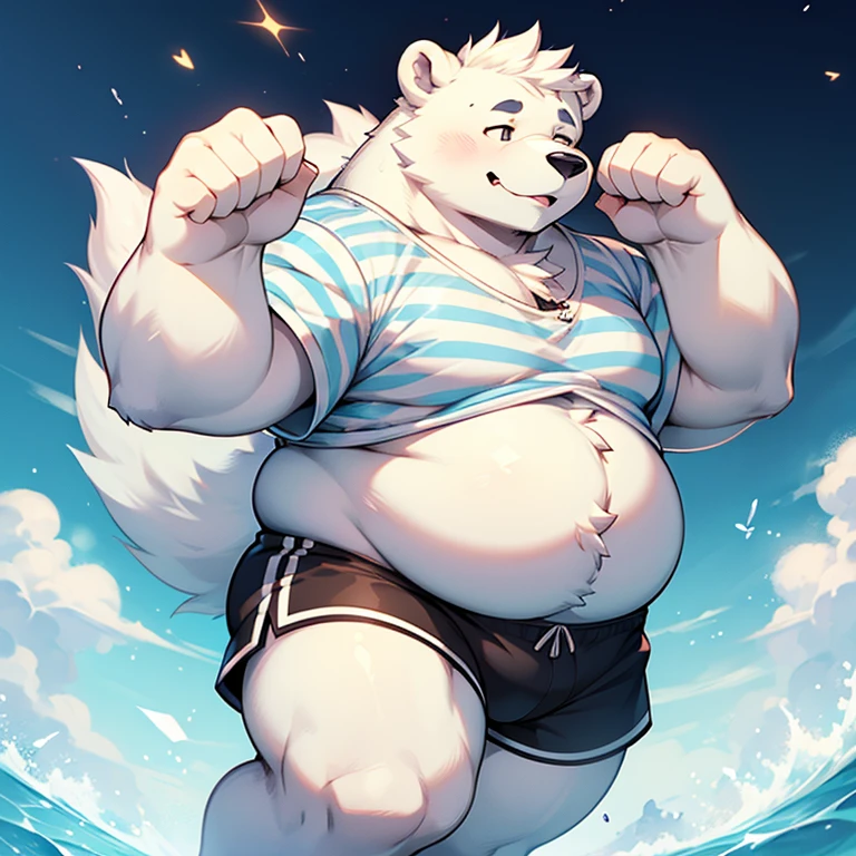 polar bear,plush,chubby,fatty,white fur,striped shirt top,shorts,Happy