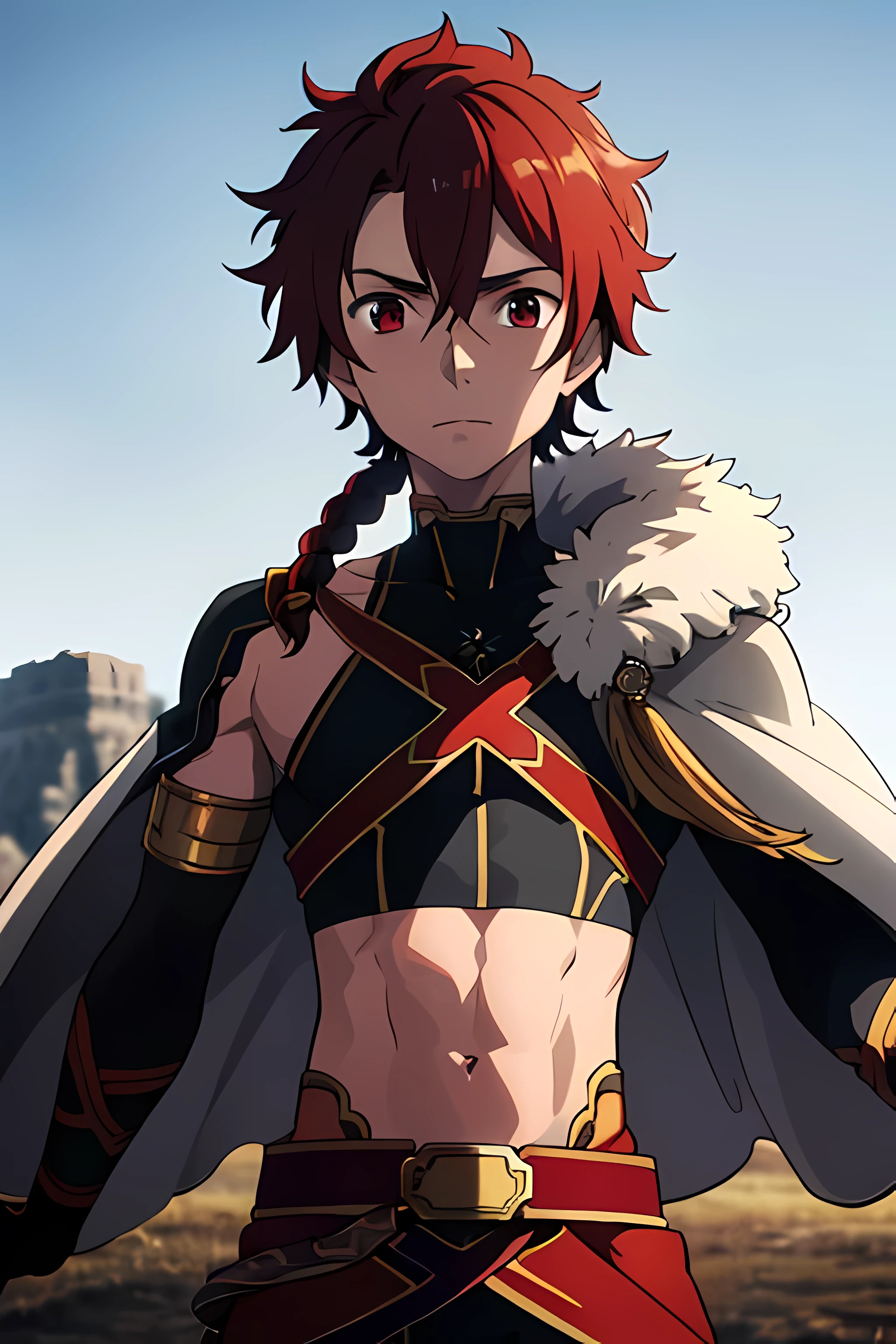 alexanderfgo, 1boy, Masterpiece, Best quality, ************, perfect face, cute face, fur-trimmed cape, crop top, fighting, looking at viewers, battlefield, soft light, front view, exquisite detailing, Highres, 8K UHD,