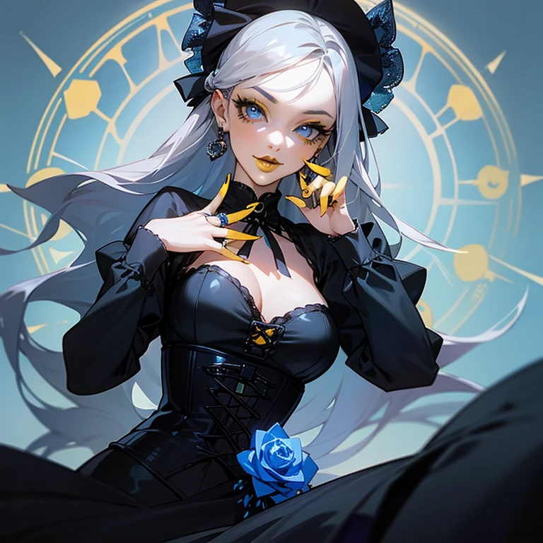 glossy lips, a woman in blue corset and goth hair, with piercings, 1girl, solo, long hair, ring, silver hair, Gothic Lolita,(((yellow lips))), blue eyes, blue rose, blue magic circle background