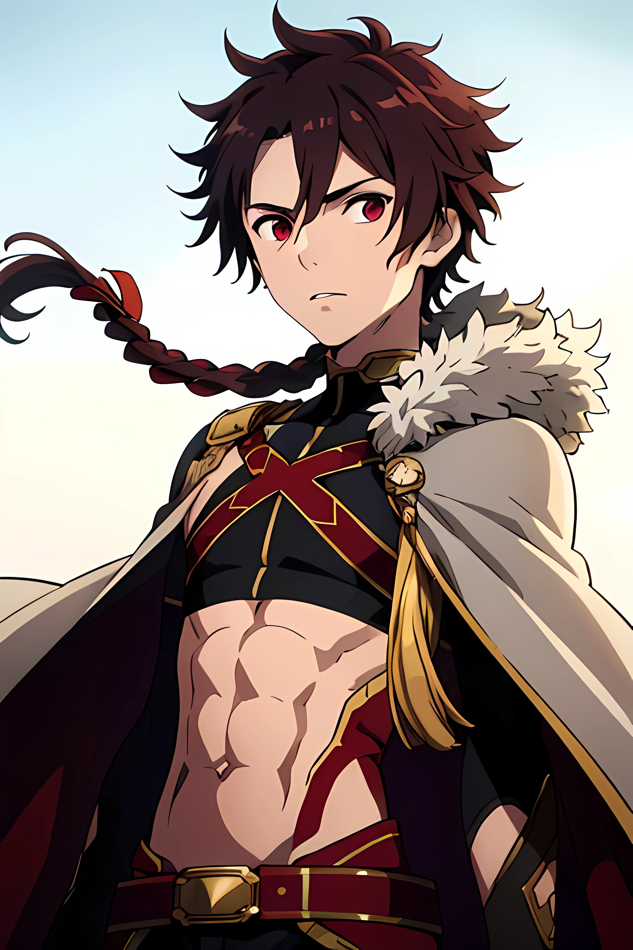 alexanderfgo, 1boy, Masterpiece, Best quality, ************, perfect face, cute face, fur-trimmed cape, crop top, fighting, looking at viewers, battlefield, soft light, front view, exquisite detailing, Highres, 8K UHD,