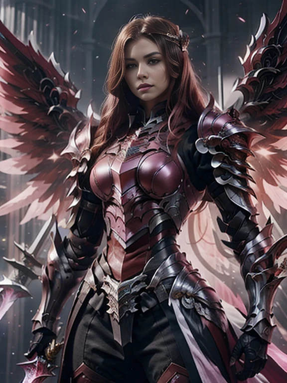 (masterpiece, best quality:1.2), Character design, ((1 girl, solo)), warrior of xian, slim body, medium chest, skinny waist, ((long deep red hair)). blue eyes. (((pink fantasy armor a female knight in a pink full armor))), (((big pauldrons, intricate details))), (((large armor wings))), (((advanced weapon fantasy plasma sword in right hand))), (standing), (((side body view))), plain gray background, masterpiece, HD high quality, 8K ultra high definition, ultra definition,