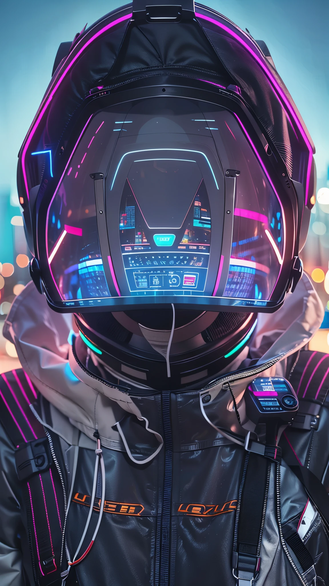 (good structure),high dynamic range,ultra high definition,8k,1 girl,Backpack,cyberpunk protective clothing,cyberpunk gas mask,cyberpunk protective helmet,Glowing helmet,Neon lamp,neon color,blurred background,Color difference,glowing mask screen,night,side body,Luminous display on arm,Upper body,cyberpunk,depth of field,jacket,lens flare,lamp,neon lamp,alone,space,Star \(Sky\)