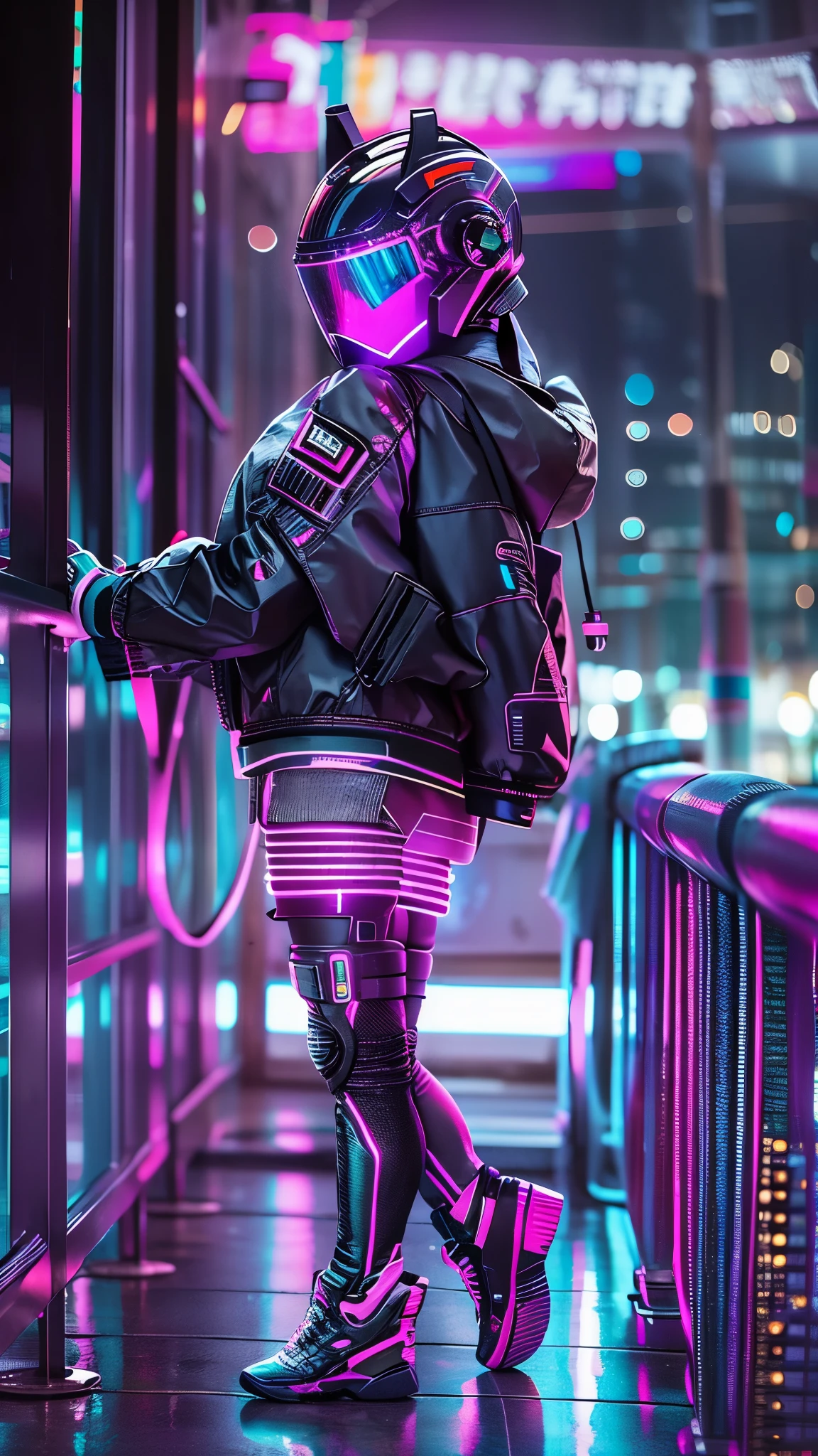 (good structure),high dynamic range,ultra high definition,8k,1 girl,Backpack,cyberpunk protective clothing,cyberpunk gas mask,cyberpunk protective helmet,Glowing helmet,Neon lamp,neon color,blurred background,Color difference,glowing mask screen,night,side body,Luminous display on arm,Upper body,cyberpunk,depth of field,jacket,lens flare,lamp,neon lamp,alone,space,Star \(Sky\)