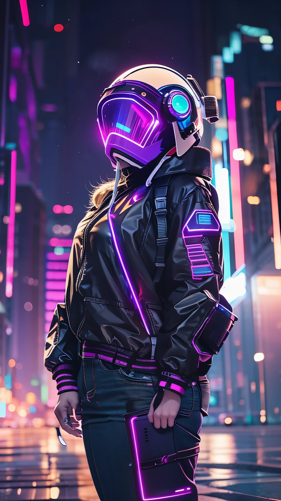 (good structure),high dynamic range,ultra high definition,8k,1 girl,Backpack,cyberpunk protective clothing,cyberpunk gas mask,cyberpunk protective helmet,Glowing helmet,Neon lamp,neon color,blurred background,Color difference,glowing mask screen,night,side body,Luminous display on arm,Upper body,cyberpunk,depth of field,jacket,lens flare,lamp,neon lamp,alone,space,Star \(Sky\)