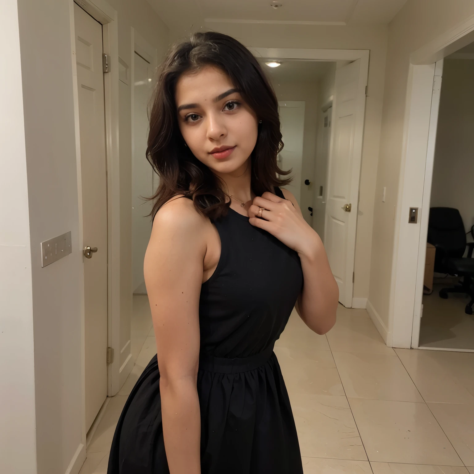 super cute Indian nri 21 girl white skin in casual black dress, cute Pose, sexy figure, red lipstic,