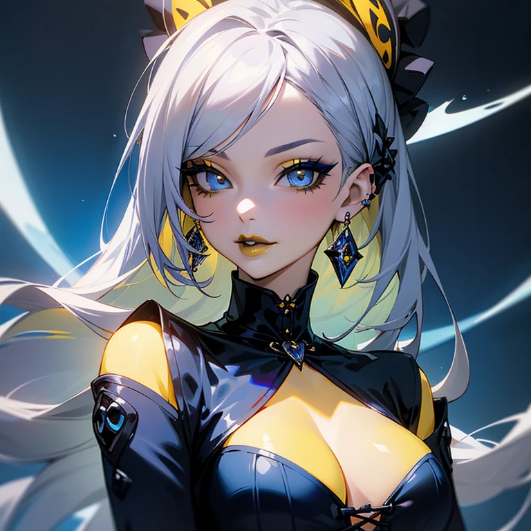 glossy lips, a woman in blue corset and goth hair, with piercings, 1girl, solo, long hair, ring, silver hair, Gothic Lolita, (((Brilliant yellow lips))), blue eyes, blue rose, blue magic circle background, blue nail, upper body