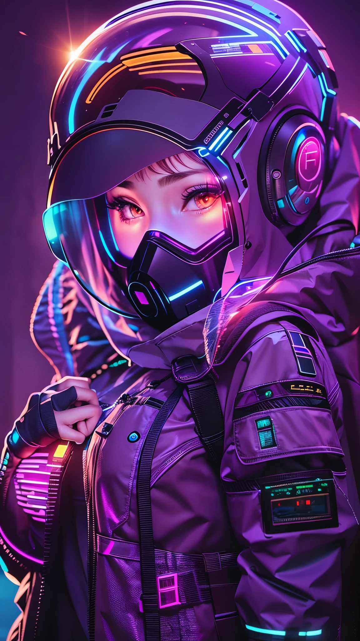 (good structure),high dynamic range,ultra high definition,8k,1 girl,Backpack,cyberpunk protective clothing,cyberpunk gas mask,cyberpunk protective helmet,Glowing helmet,Neon lamp,neon color,blurred background,Color difference,glowing mask screen,night,side body,Luminous display on arm,Upper body,cyberpunk,depth of field,jacket,lens flare,lamp,neon lamp,alone,space,Star \(Sky\)