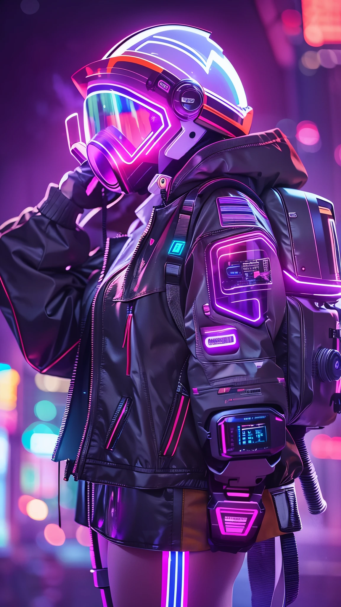 (good structure),high dynamic range,ultra high definition,8k,1 girl,Backpack,cyberpunk protective clothing,cyberpunk gas mask,cyberpunk protective helmet,Glowing helmet,Neon lamp,neon color,blurred background,Color difference,glowing mask screen,night,side body,Luminous display on arm,Upper body,cyberpunk,depth of field,jacket,lens flare,lamp,neon lamp,alone,space,Star \(Sky\)