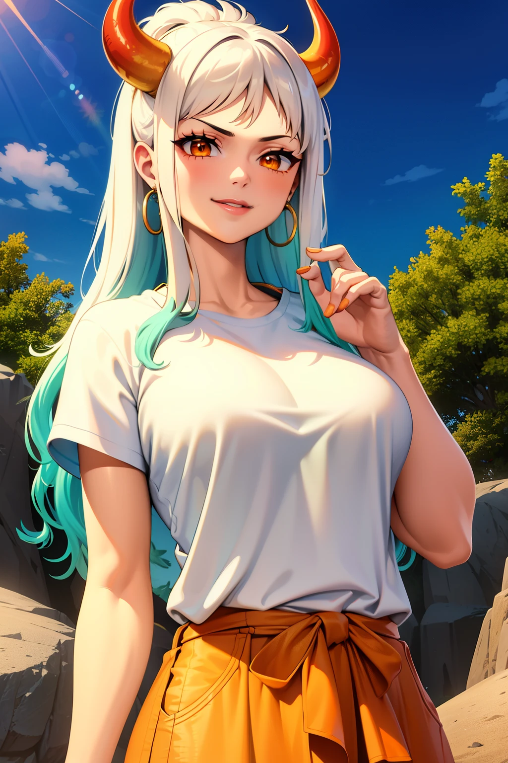 masterpiece, ((ultra detailed background, delicate pattern, intricate detail)), (highly detailed, fine details), best quality,beautiful lighting, (((medium breasts, slim girl, very slim girl))), (close-up, portrait),  YamatoV2, long hair, 1girl, horns, white hair, solo, oni, red horns, curled horns, hair ornament, (multicolored horns), jewelry, earrings, jeans, t-shirt, round neck, outdoors, cowboy shot, hair stick, aqua hair, sidelocks, hoop earrings, hakama, smile, wide smile, ((orange eyes)), complex detailed background, outside, nature environment, rocks, sunny, blue sky, sky,