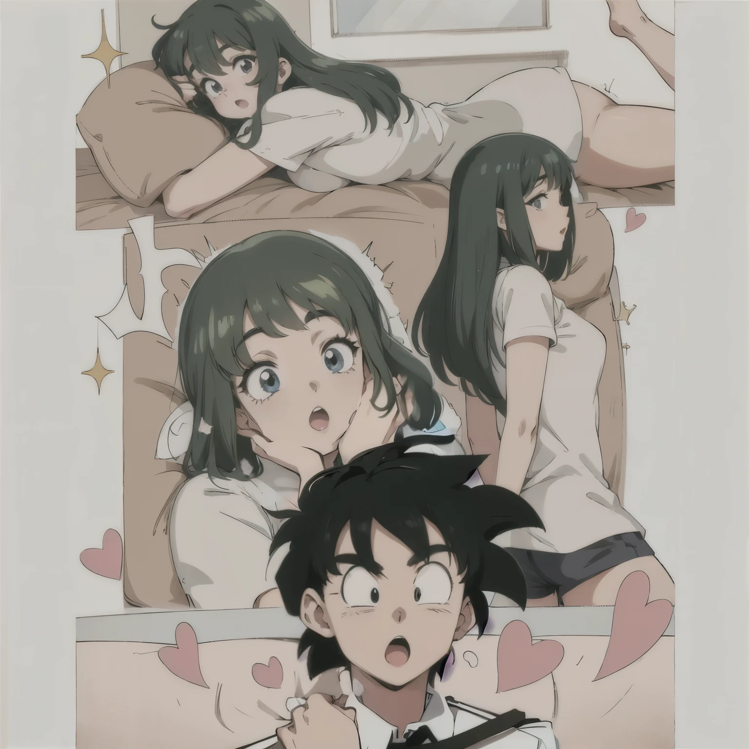 anime characters laying in bed with a cat and a dog, black and white manga panel, isekai manga panel, cinematic | | very anime!!!, ( ( ( yoshinari yoh ) ) ), horror manga, in the bedroom at a sleepover, mischievous!!, i slept in segments last night, black and white manga style, “ anime, anime”
