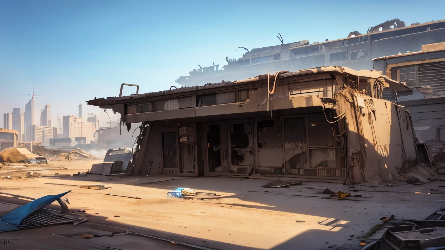 moebius-style, cybernetic wasteland, demolished, labyrinthine, "sci-fi", dunes covering streets, abandoned, lost vessels, wreckage, ""junkyard"", blue sky, extremely detailed