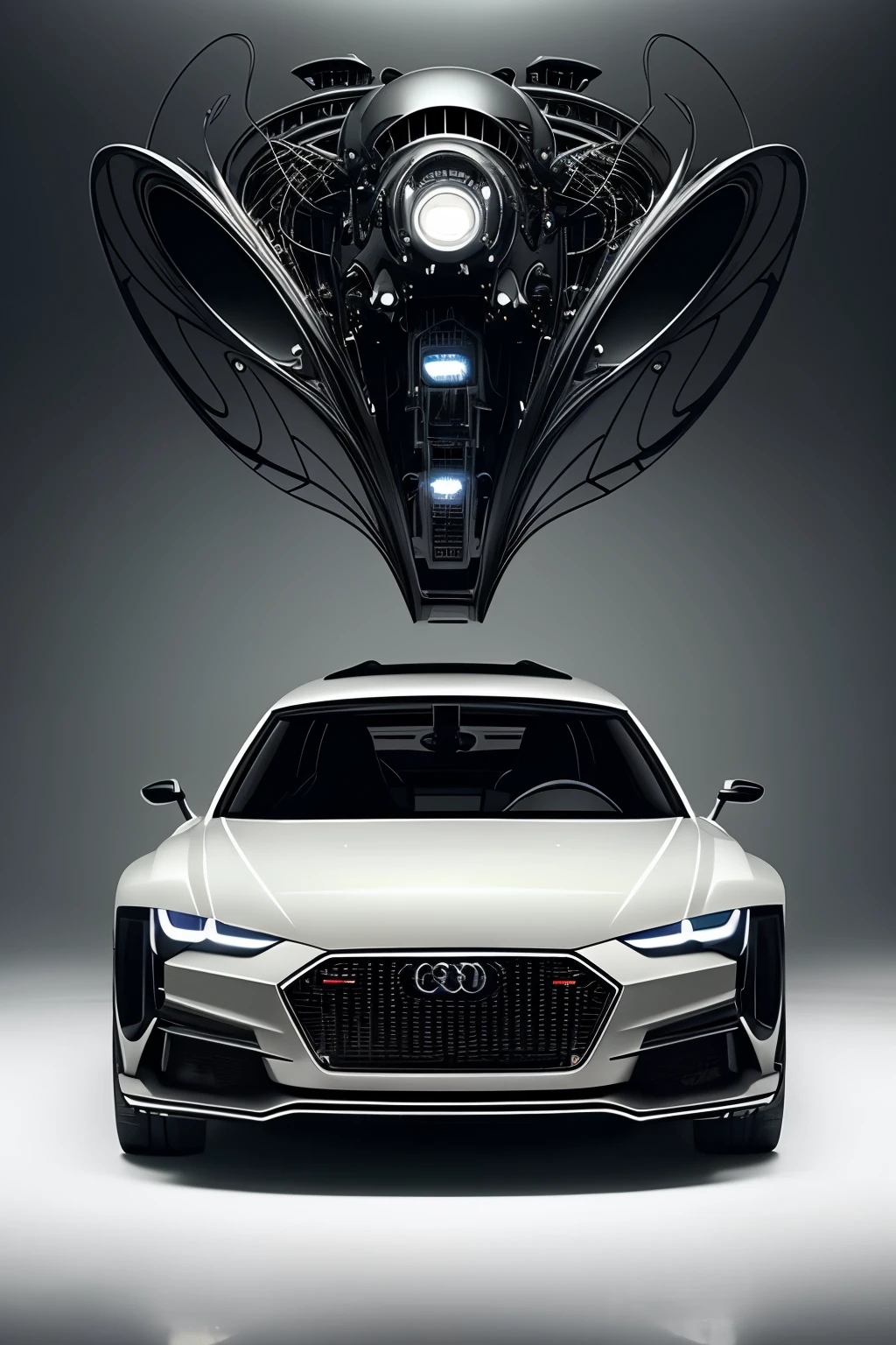 Wide shot of a minimalistic biomechanical translucent opaque steampunk car audi a7, reminiscent of a car of the 40s of 1940, modern luxury yacht, pearl white and carbonfiber, LED lights, glowing headlights, gothic and baroque, rococo, brutalist, Ultra-detailed, creepy atmosphere, fog, type of microbe, Giger, Ellen Jewett, Josan González and Giuseppe Arcimboldo, zaha hadid, night city background