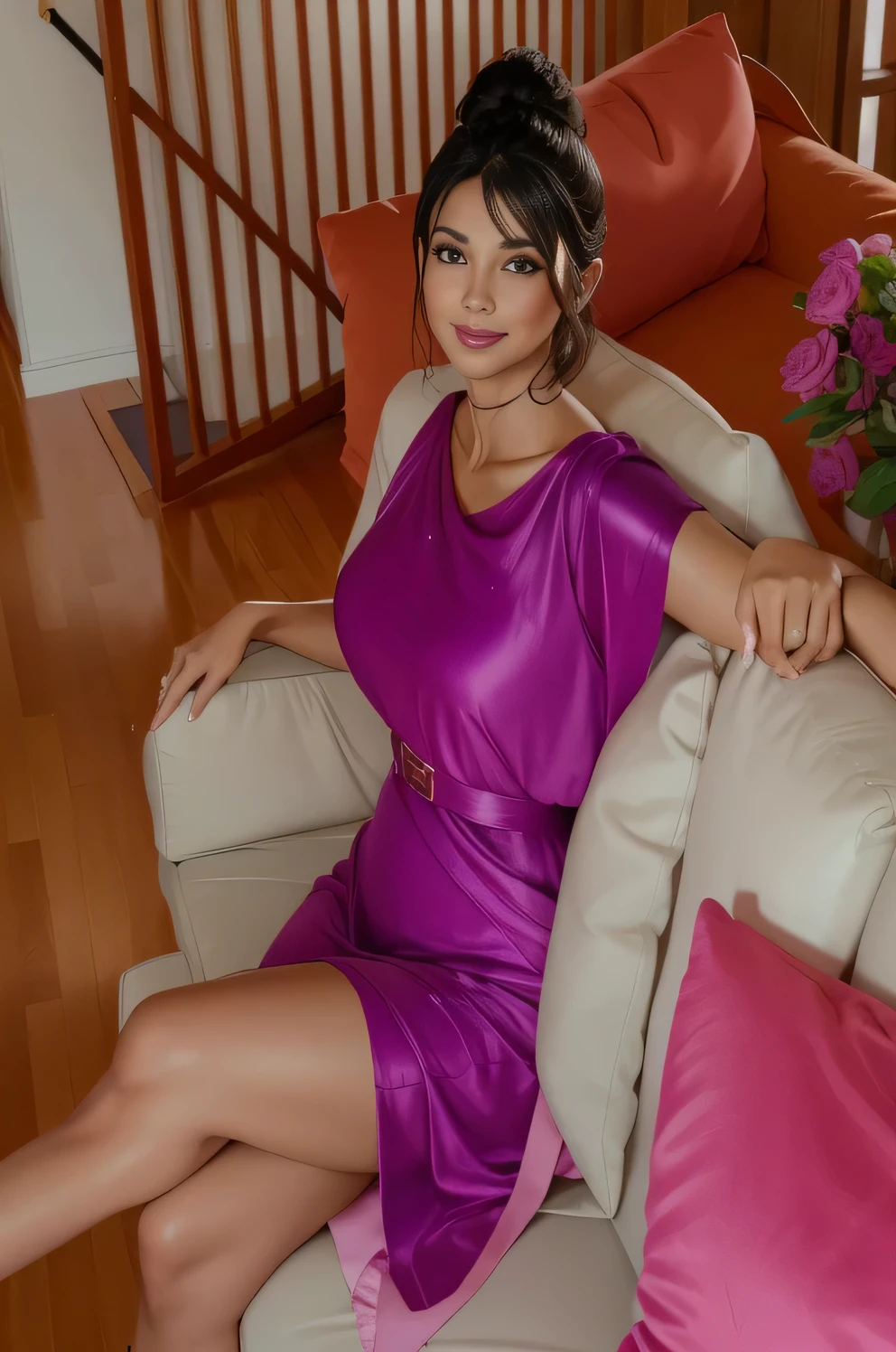 woman sitting on a couch in a living room with a pink pillow, sitting on the sofa, at the sitting couch, on a couch, sitting on the couch, side portrait, sitting on a sofa, purple dress, garbed in a purple gown, mature, 40 years old women, draped in purple. Woman with white, tanned skin and dark hair. She is about 35 years old. Her pink lips, her dark brown eyes. Slim body, slim waist. Beautiful, highly realistic, beautiful woman, slightly pink lips, slightly pink lipstick, smiling, feeling of lightness and joy, very elaborate skin. Clear photo, high quality, high resolution, masterpiece, 8K.